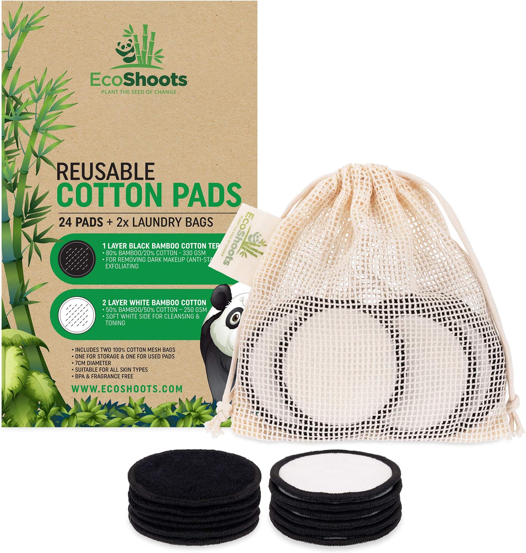 EcoShoots Reusable Cotton Pads (24 PACK) Anti-Stain Design Black/White Dual Colour | x2 Laundry/Storage Bags | Eco Friendly Products | Reusable Make up Remover Pads For Cleansing, Toning & Exfoliating