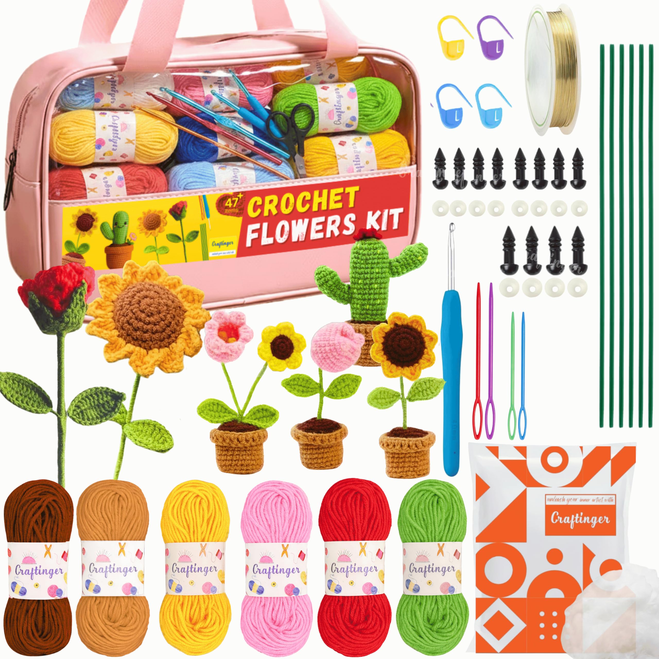 Craftinger DIY Crochet Flower Kit for Beginners & Adults | Crochet Bouquet Making Kit with Yarn, Hook, Needles, Floral Wire & Stuffing | Beginner Amigurumi Knitting Starter Set | DIY Gift | Knitting Hobby Gift-image-43