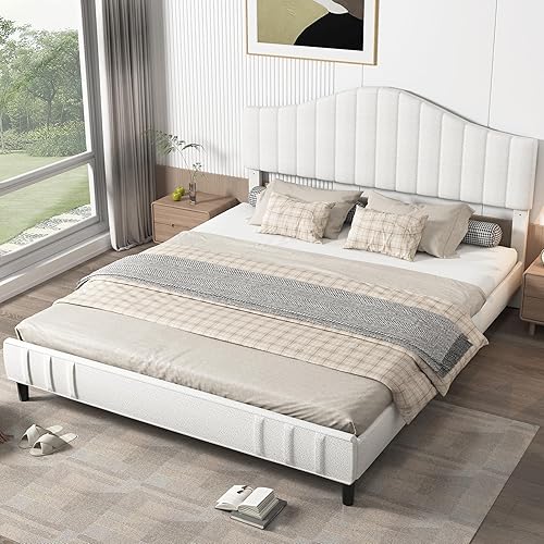 Miniatura 9 de Base de cama tapizada con cabecero y estribo, marco de cama de plataforma con listones de madera, soporte de 4 patas centrales de metal, no necesita