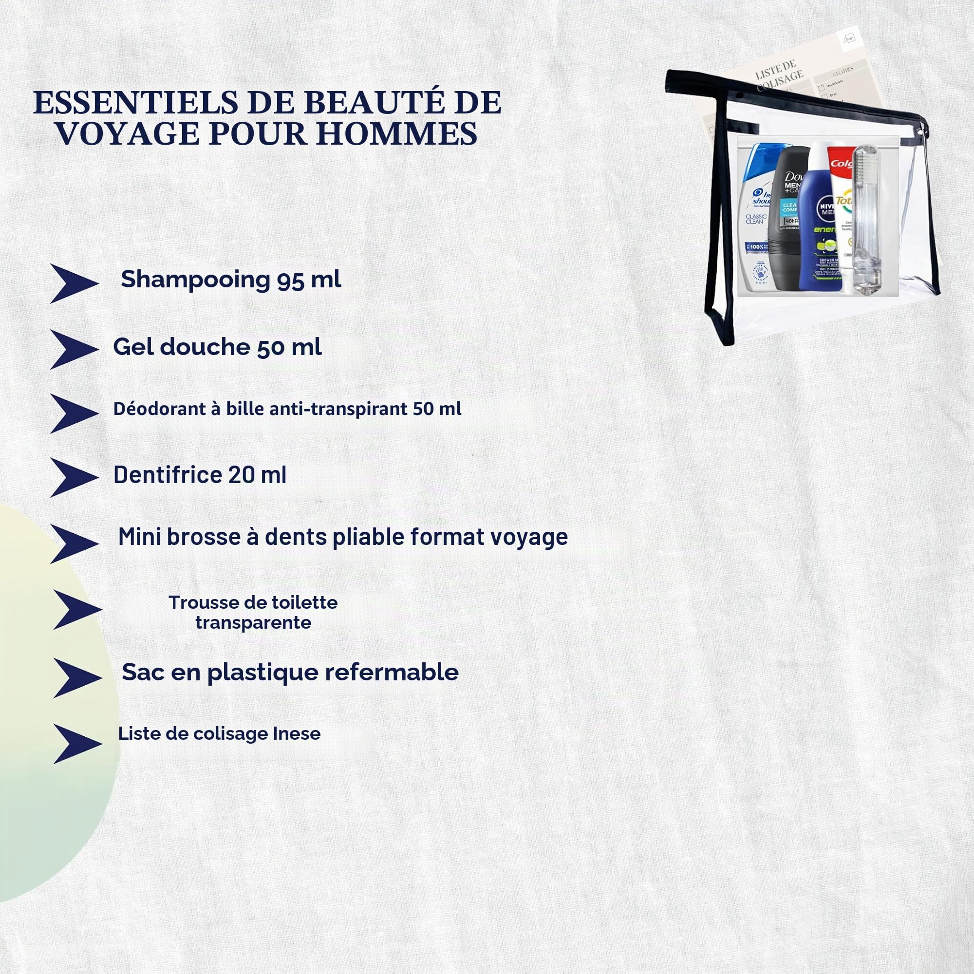 Ensemble de toilette de voyage pour homme – Mini kit de toilette de voyage avec liquides approuvés par la TSA – Accessoires de voyage pour homme adaptés aux aéroports pour les vacances, les affaires
