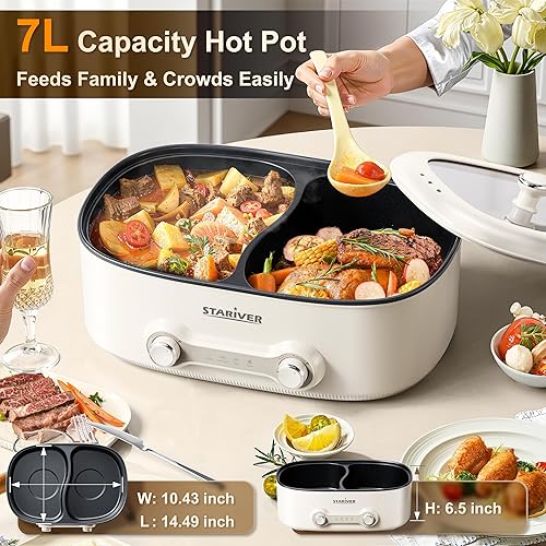 Miniatura 3 de Stariver Olla eléctrica de 7L con divisor, olla eléctrica de 1200 W, control de 2 temperaturas (ajustes separados por lado) olla Shabu Shabu, olla