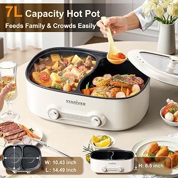 Stariver Hot Pot Electric with Divider, 7L Shabu Shabu Pot, 2-Temp Control (Separate Settings per Side) Non-Stick Hotpot Pot Electric, Perfect for Family Dinners & Parties