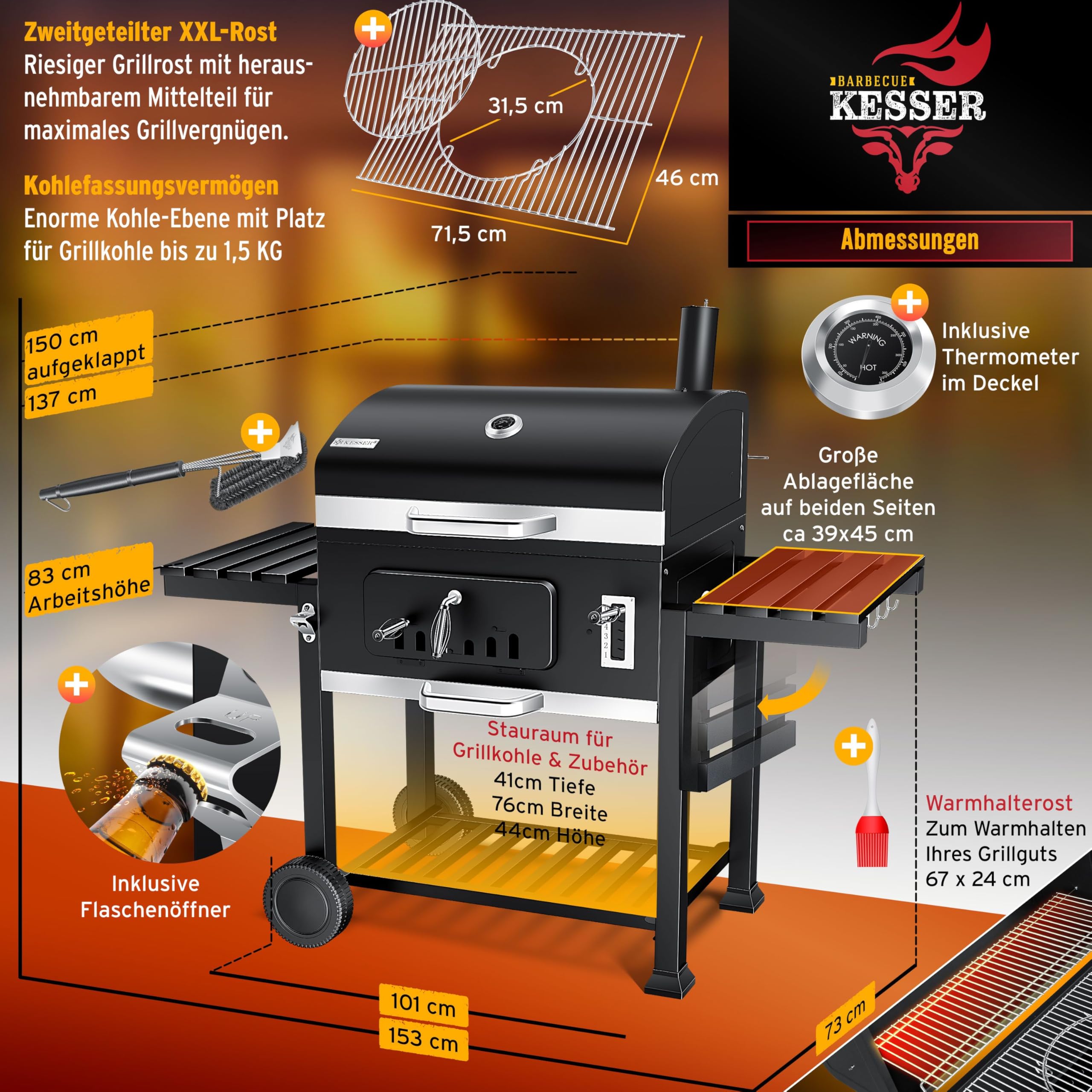 KESSER Barbacoa XXL con ahumador, con tapa, ruedas, mango de acero inoxidable, termómetro, cubierta, 8 ganchos en una bolsa y cepillo de silicona, parrilla de pie