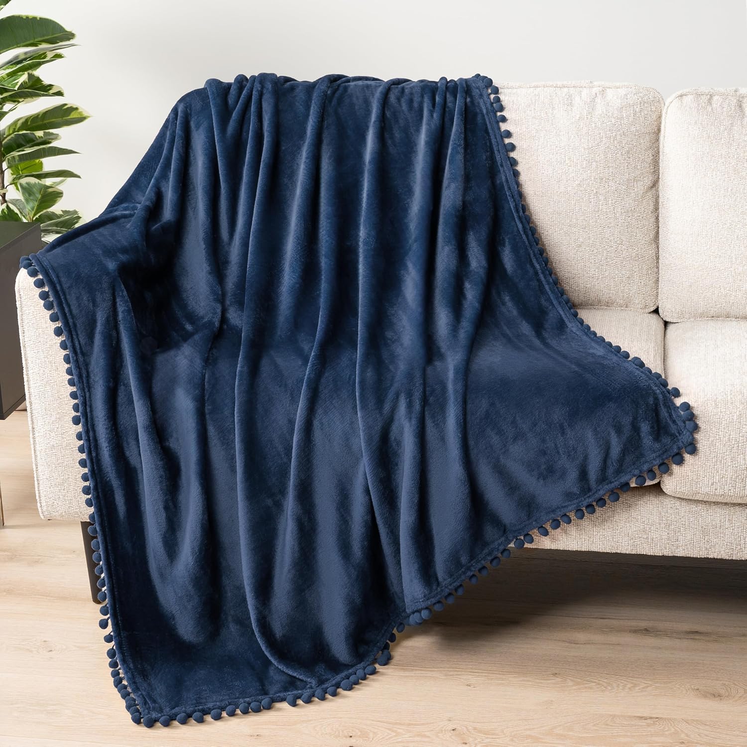 PAVILIA Fleece Throw Blanket for Couch with Pom Pom Fringe, Navy Blue, Soft Cozy Fuzzy Flannel Blanket for Sofa Bed, Lightweight Plush All Season Throw, 50x60 Inches - Image 2