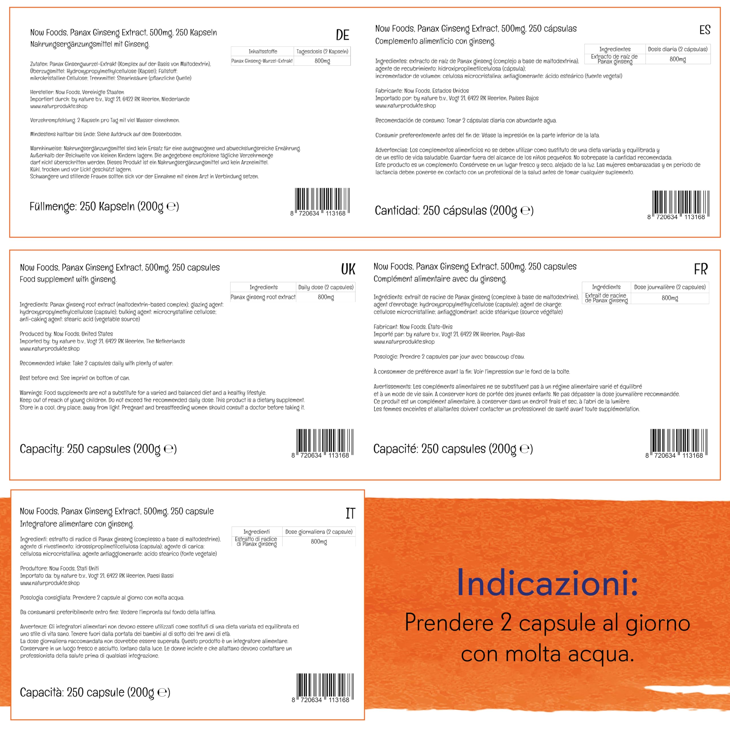 Now Foods, Panax Ginseng Extract, 500mg, 250 Capsule vegan, Testato in Laboratorio, Senza Glutine, Senza Soia, Vegetariano, Non-GMO