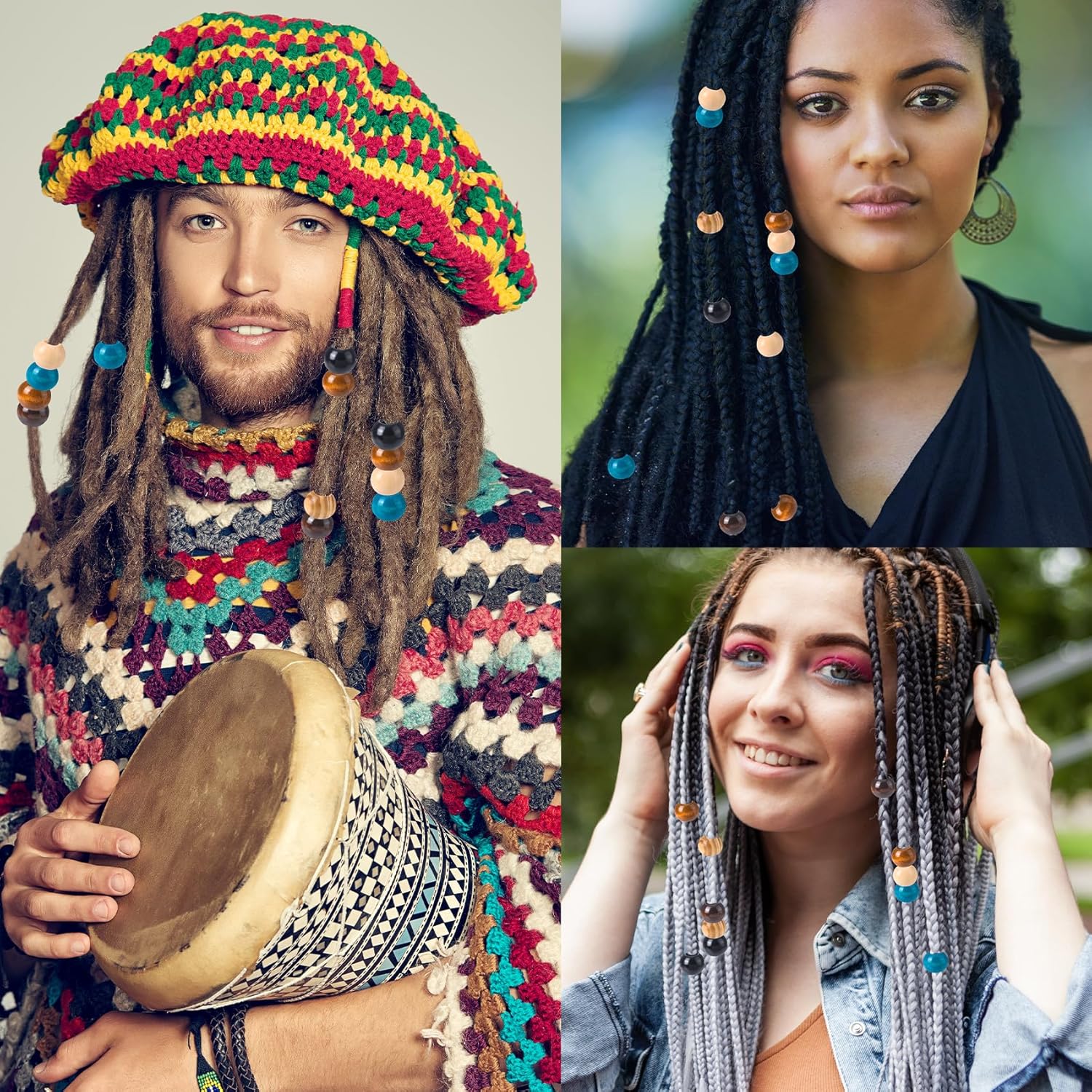 30pcs Wooden Beads for Crafts, Natural Wood Braids Hair Bead, Vintage Wooden Spacer Beads for Macrame Necklace Bracelet DIY Craft Handmade Decor- 6 Colors - Image 4