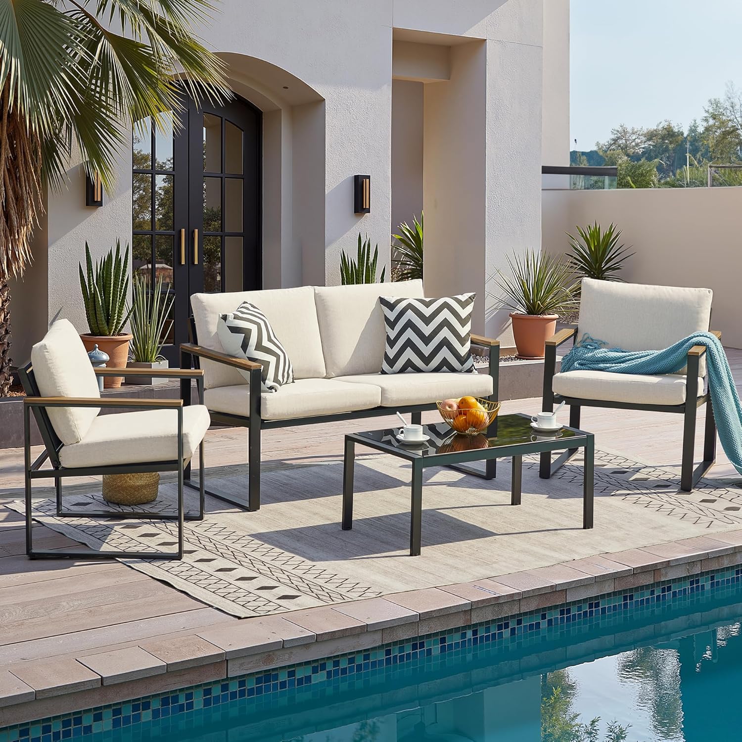 NATURAL EXPRESSIONS 4 Pieces Patio Furniture Sets,Metal Outdoor Patio Furniture Sets,Outdoor Sectional Patio Conversation Set,Wooden Anti-Scald Armrest,Sling Mesh,4" Olefin Cushions