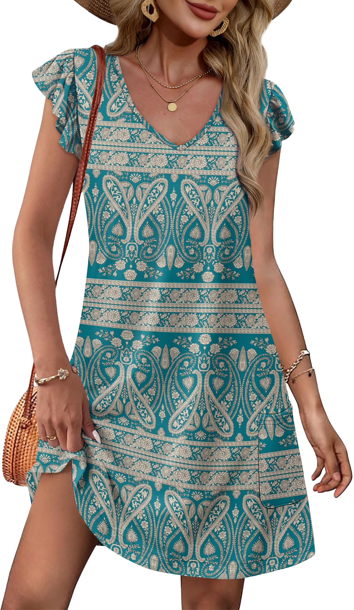 OFEEFAN Womens Summer Dresses 2026 Ruffle Sleeve V Neck Loose Swing Sundresses with Pockets Plain/Print