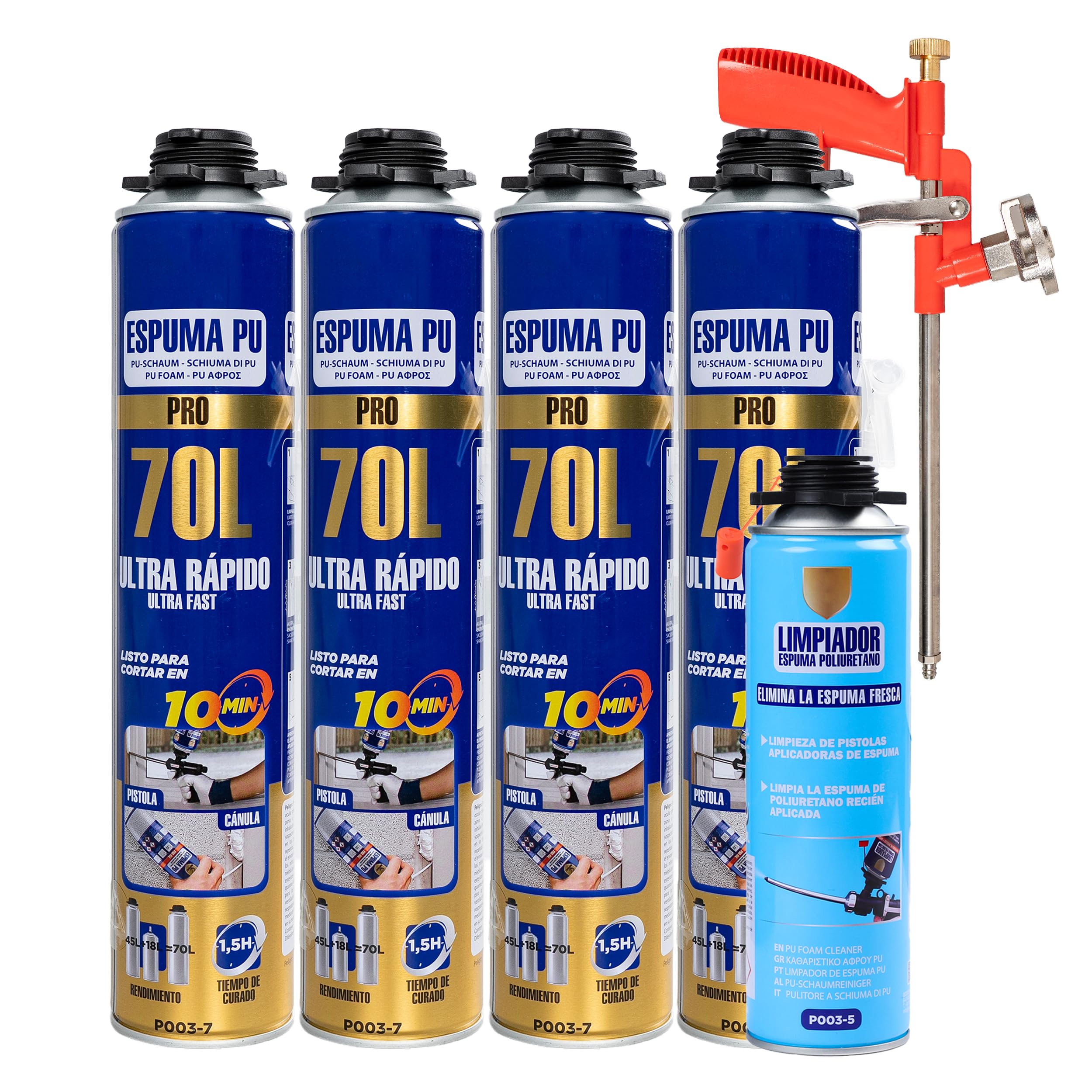 Etrexonline Kit Espuma de Poliuretano 70L Ultra Rápida – 4 Botes de 750ml + Pistola Aplicadora + Limpiador 500ml, Espuma Expansiva para Sellado y Aislamiento