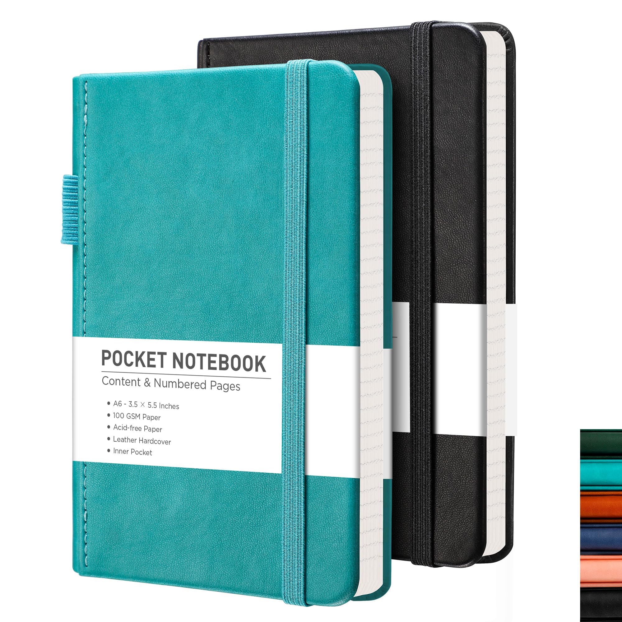 RETTACY Small Notebook 2-Pack - A6 Leather Hardcover Pocket Notebook with 160 Numbered Pages per Pack, College Ruled Notebook, 100 GSM Acid-Free Paper, Inner Pocket, 3.5" × 5.5" (Black & Cyan)