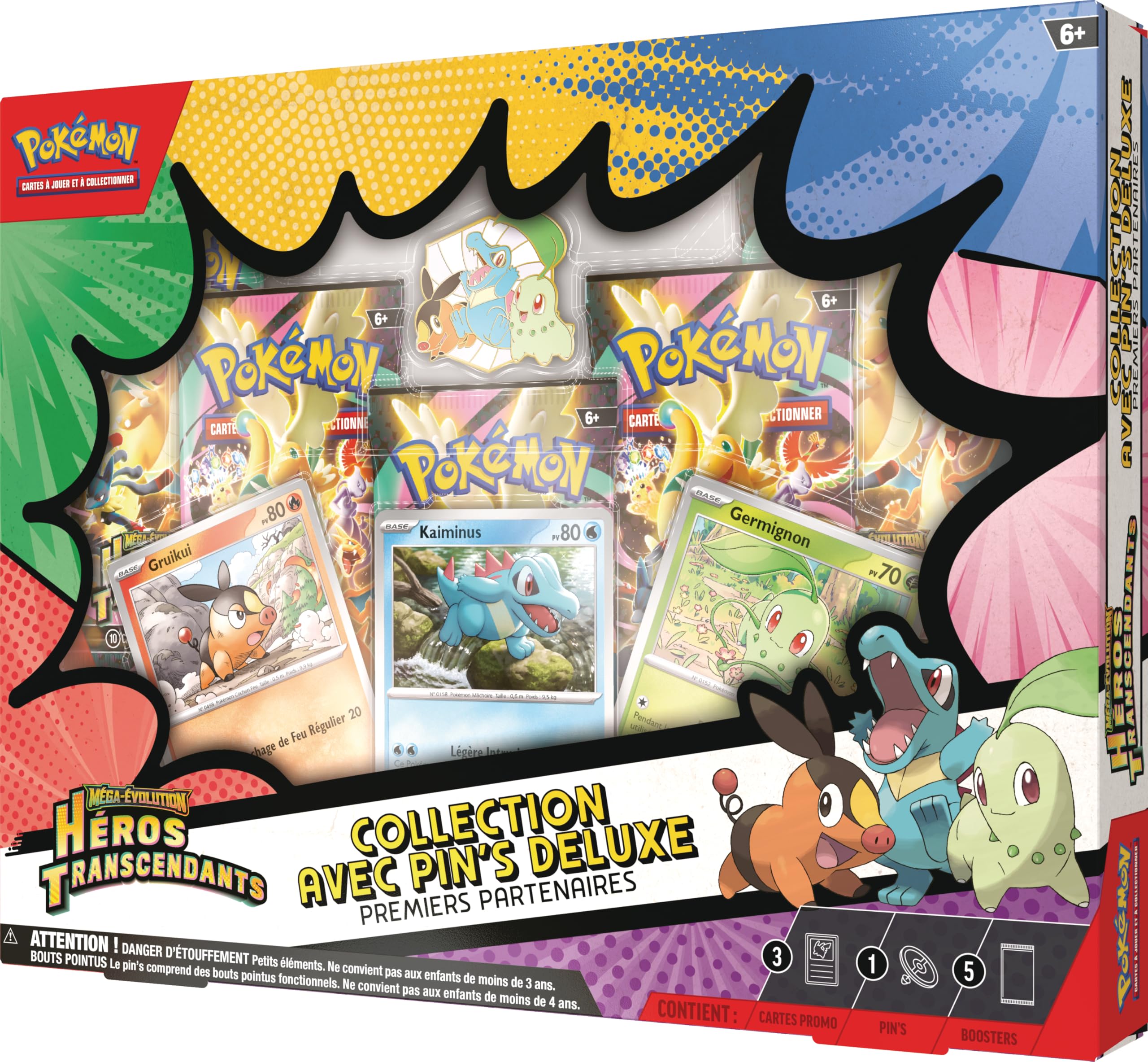 Pokémon : Collection avec pin’s Deluxe Premiers Partenaires Méga-Évolution – Héros Transcendants (3 Cartes Promo Brillantes, 1 pin’s Deluxe et 5 boosters)