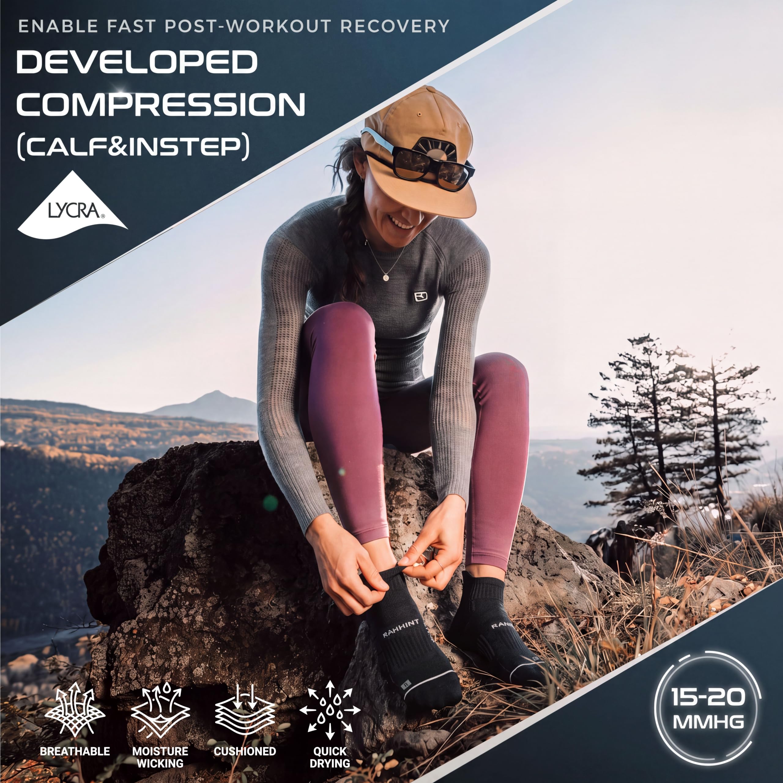 Rahhint Coolmax - Confezione da 3 paia di calzini da corsa a compressione per uomo e donna, traspiranti e anti-vesciche, con design a linguetta e supporto per arco plantare