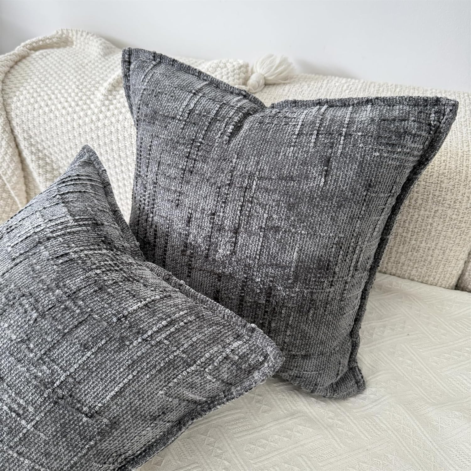 OYIMUA Gray 20x20 Chenille Pillow Covers Set of 2 Farmhouse Decorative Textured Pillow Cases for Living Room Couch Bed Soft Luxury Accent Throw Pillows with Elegant Design - Image 4