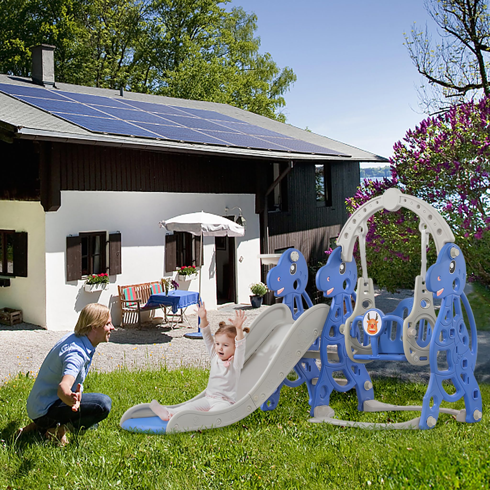 Aufun Tobogán infantil 4 en 1, parque infantil con canasta de baloncesto, tobogán extralargo, columpio, tobogán para bebés fácil de colocar para interiores y exteriores, patio trasero (175 x 145 x 120