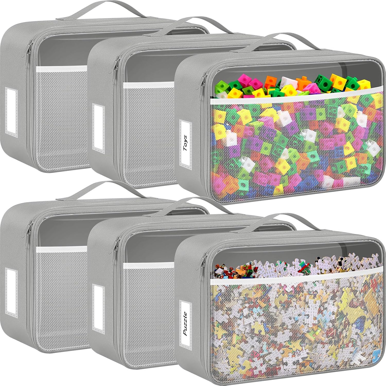 Abbylike 6 Pack Toy Storage Bag Bricks Building Set Car Toy Organization Bags for Traveling Carrying Case, Storage Organizer Puzzles(White)