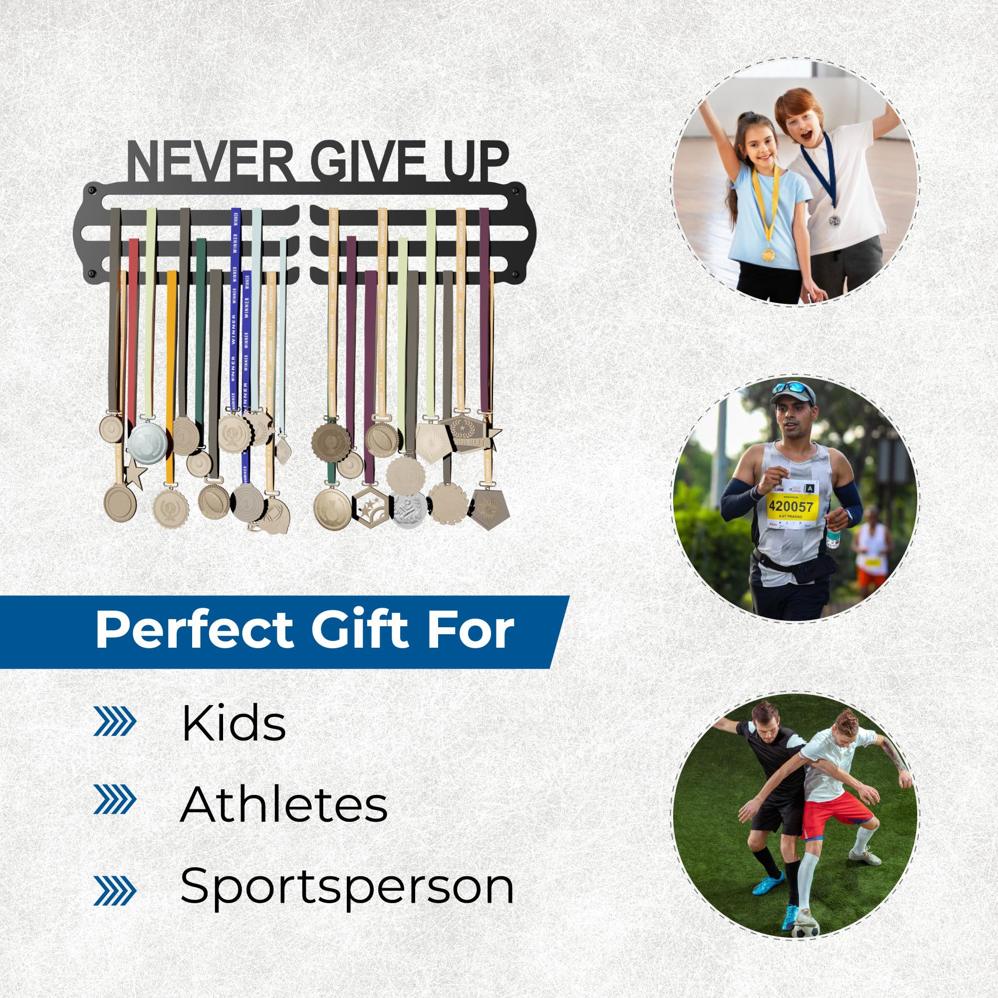 Glory Medal Hangers - Never Give Up Medal Holder - Metal Wall Display - Holds Up to 60 Medals - Black, Glossy Finish - Perfect for Kids and Athletes 2