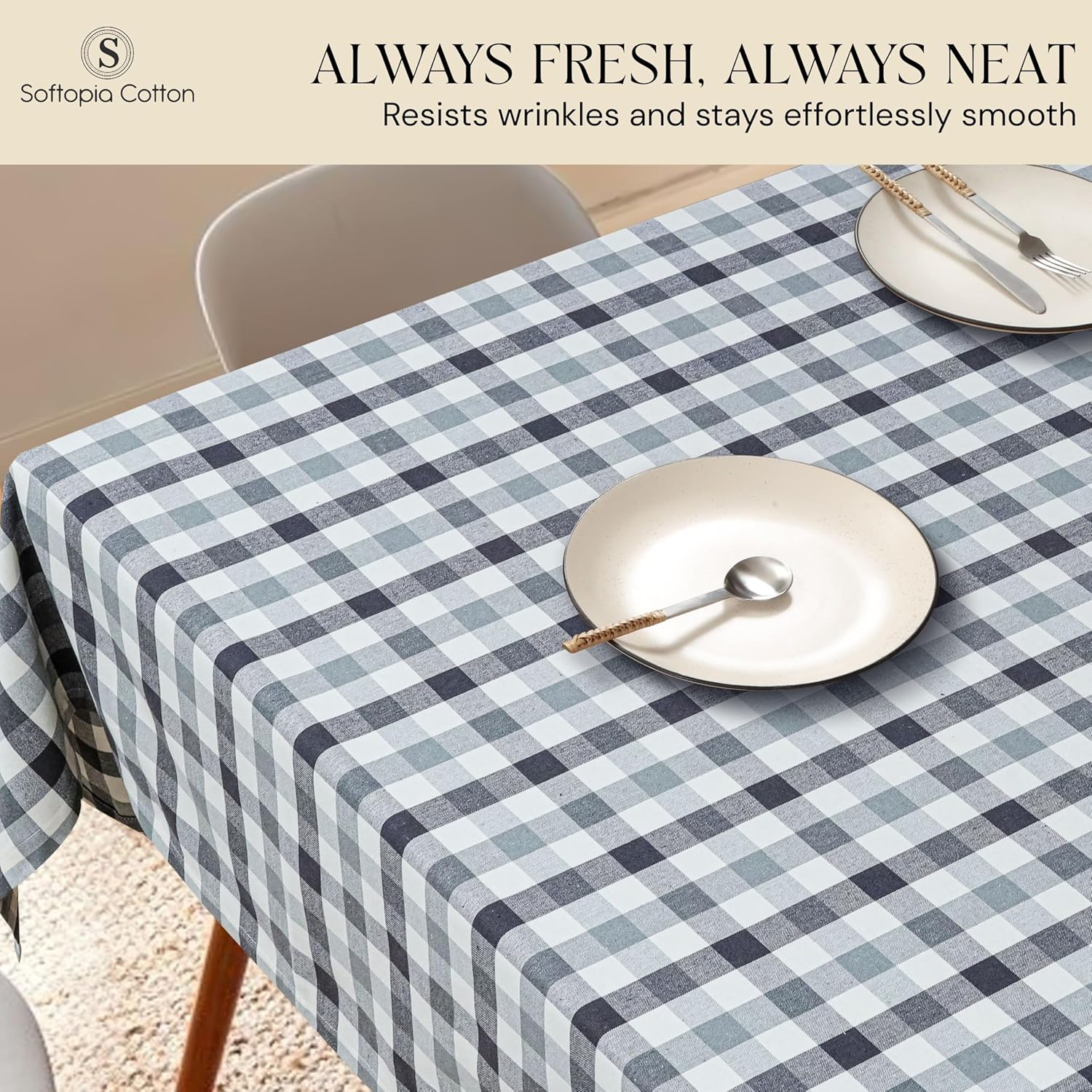 Light and Dark Grey with Natural Plaid Gingham Check Tablecloth, 60x84 Inches, 100% Cotton, Washable, Reusable Farmhouse Table Linen for Holiday, Weddings, Everyday Dining Table Cover