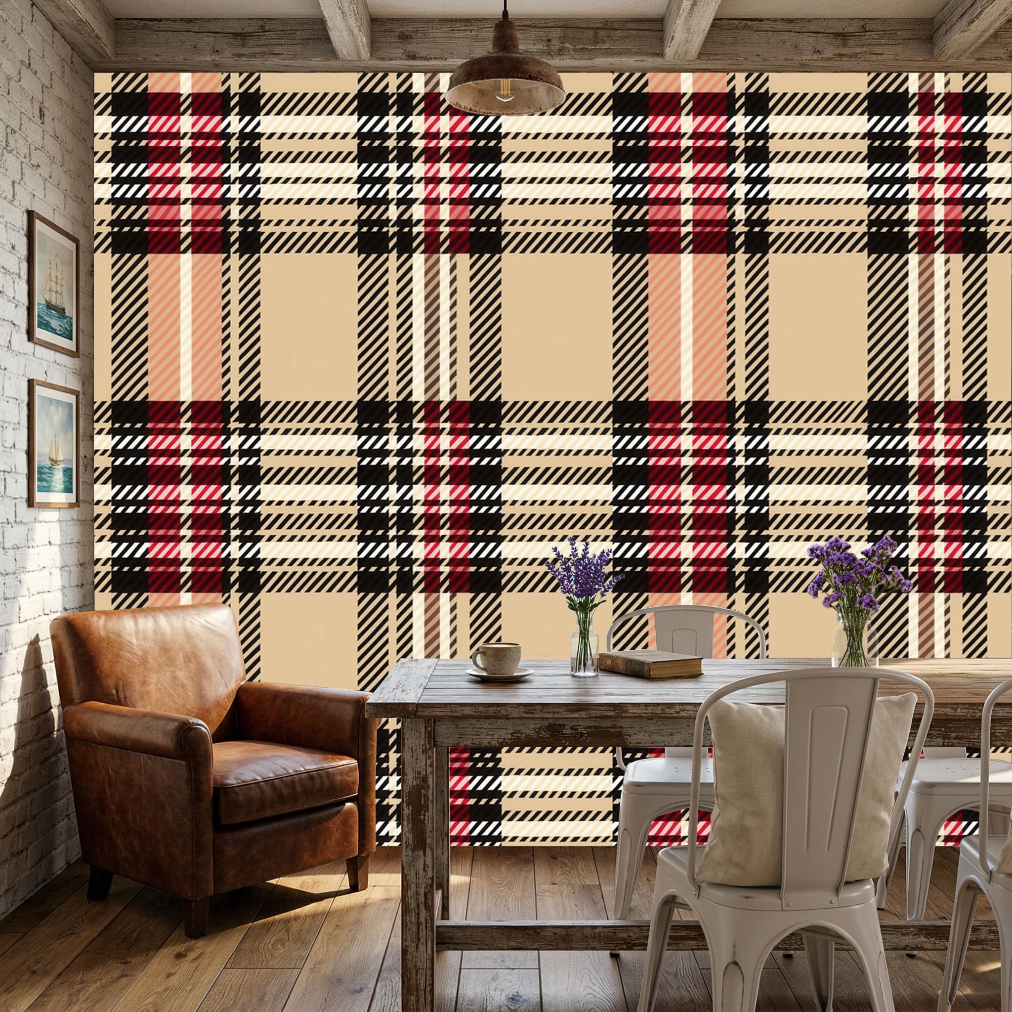 Papier peint intissé panoramique motif tartan brun, décoration murale haut de gamme