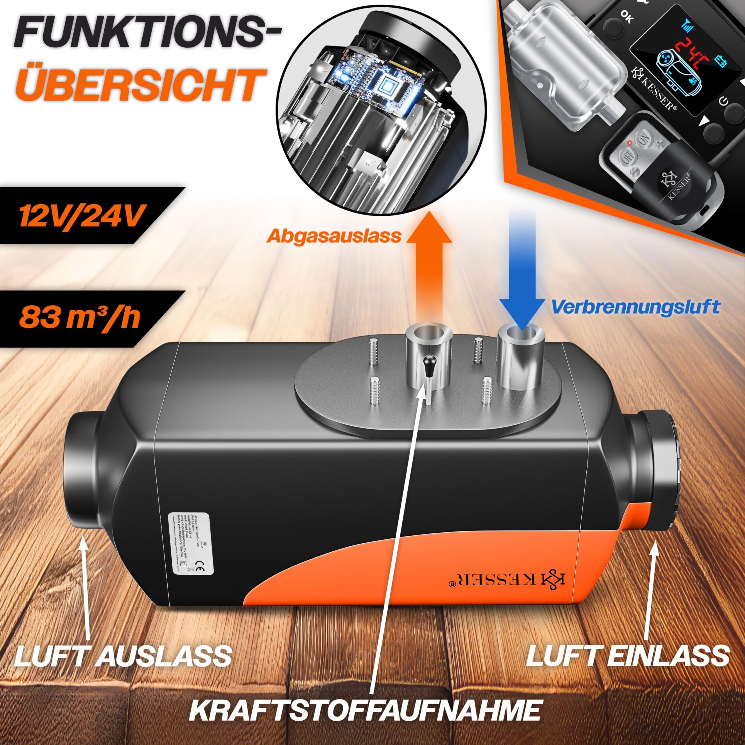 KESSER® Calefacción de estacionamiento diésel de 8 kW, 12 V/24 V, con temporizador, pantalla LCD y mando a distancia, calentamiento rápido, calentador de aire con silenciador y termostato