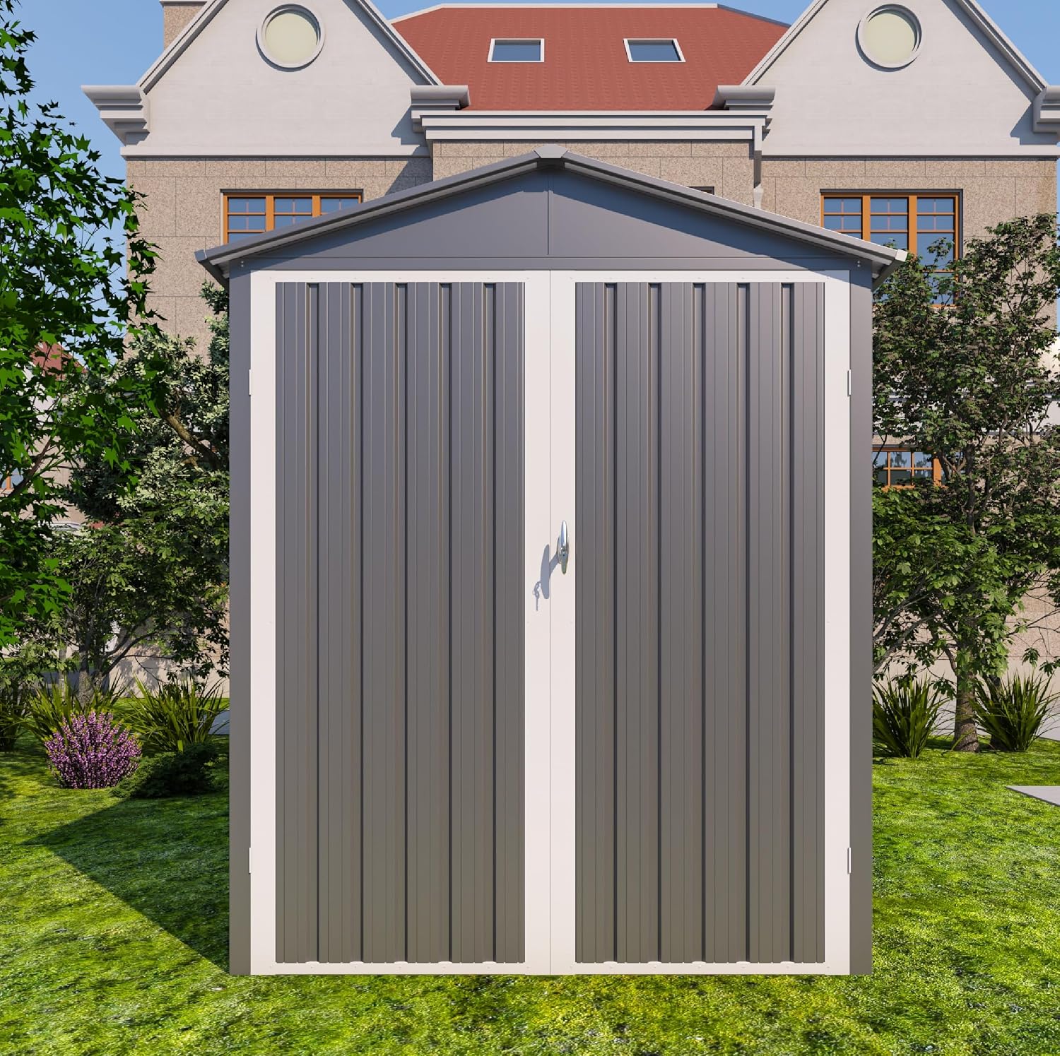 KEIKI 5.5x10 FT Outdoor Metal Motorcycle Storage Shed with Window,Peaked Roof for Backyard Lawn
