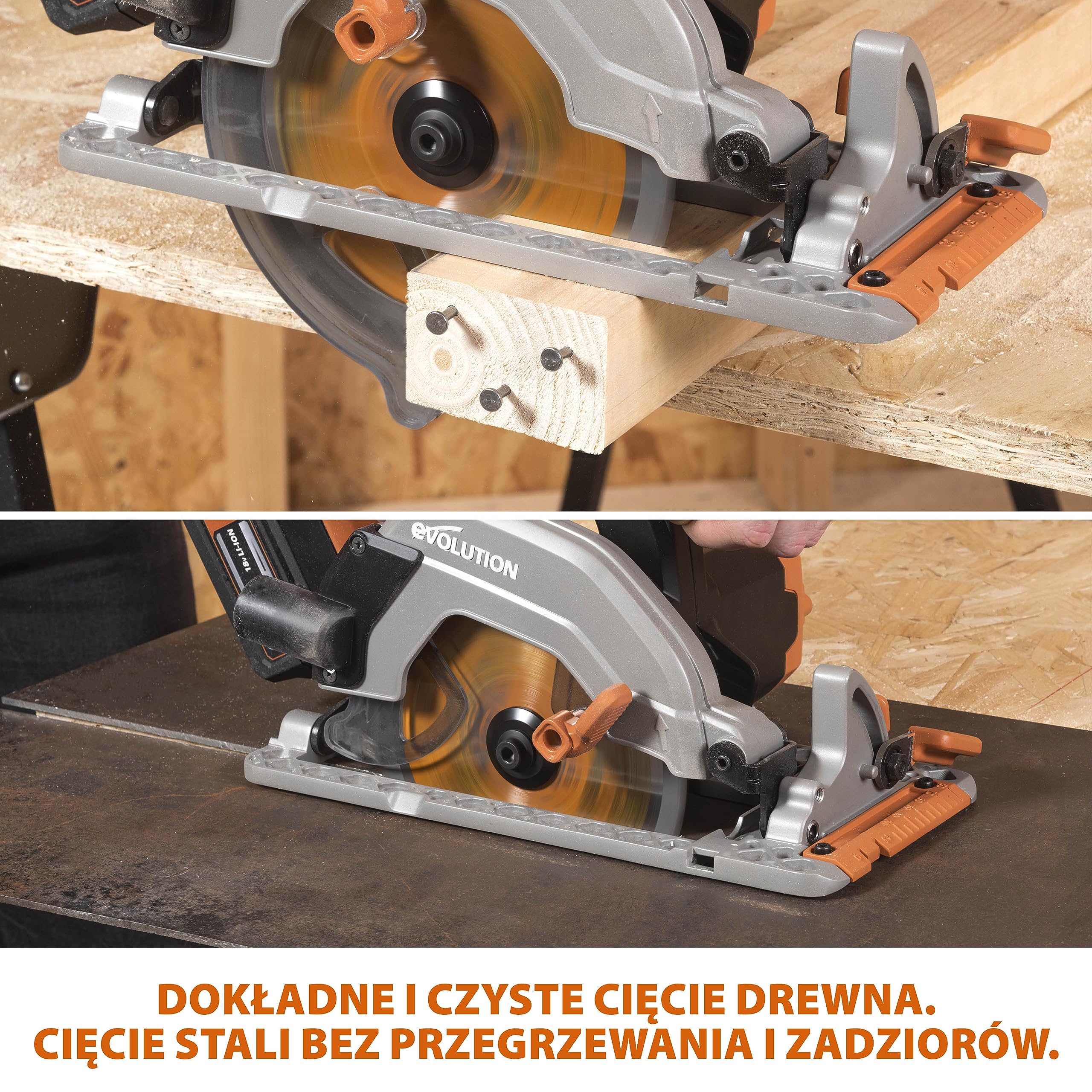 Evolution Power Tools Bezprzewodowa piła tarczowa R165CCS-Li do cięcia różnych materiałów, drewna, plastiku, metalu itd., tarcza 165 mm w zestawie, 3 lata gwarancji, akumulator i ładowarka w zestawie