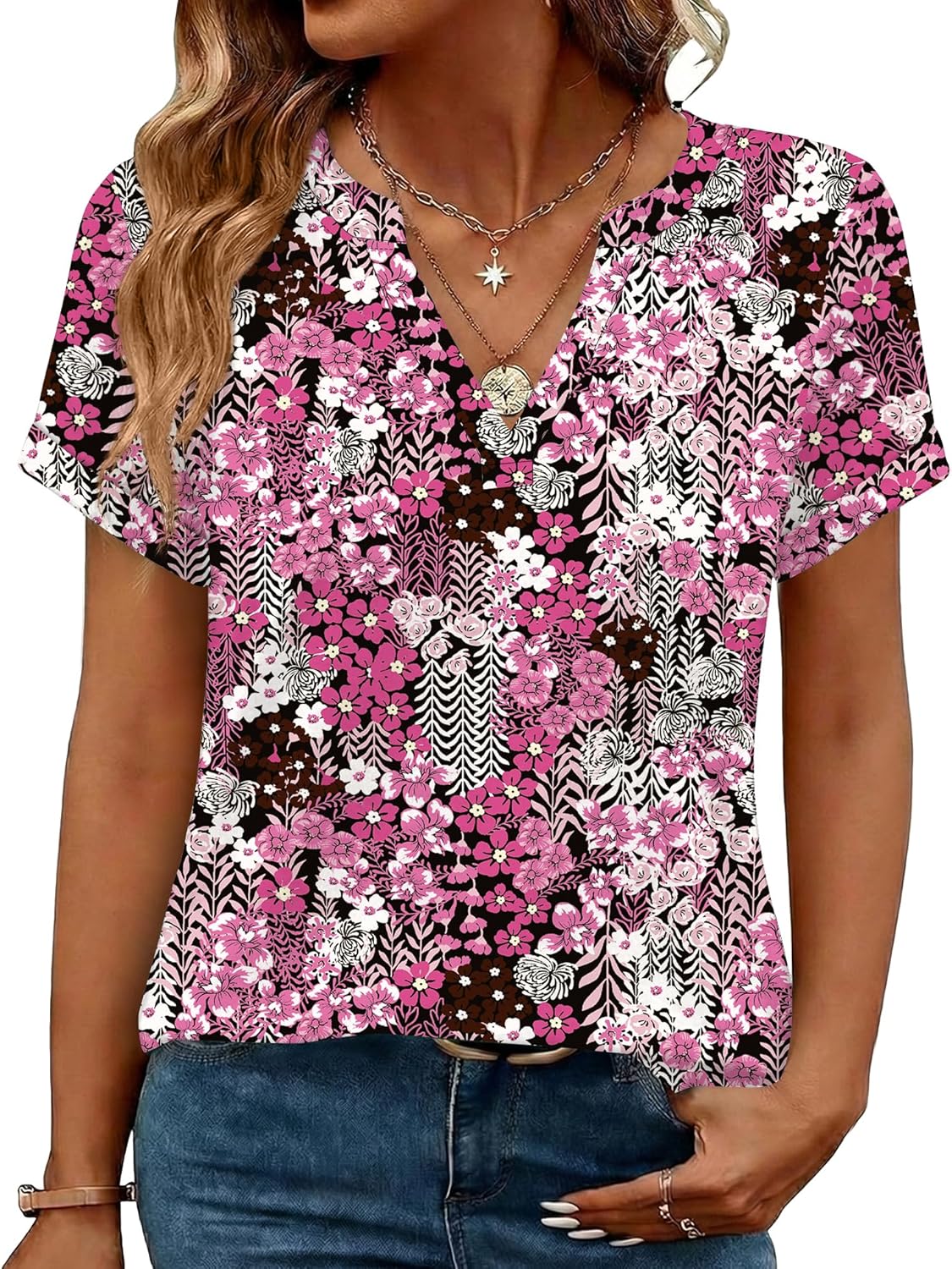 Rapbin Damen Bluse Kurzarm V-Ausschnitt Elegant Tunika Sommer Oberteile Casual Locker T-Shirt Freizeit Tops