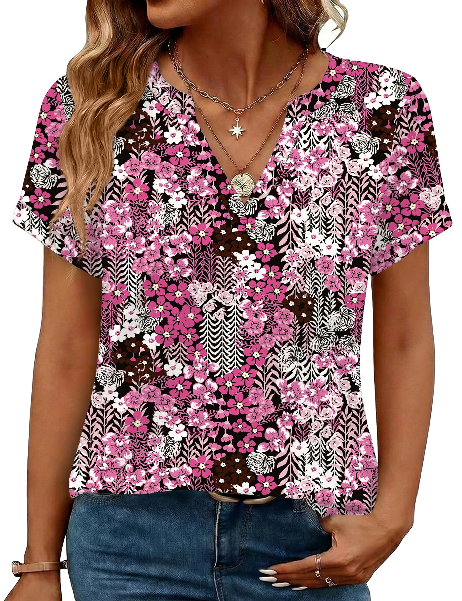 Rapbin Damen Bluse Kurzarm V-Ausschnitt Elegant Tunika Sommer Oberteile Casual Locker T-Shirt Freizeit Tops