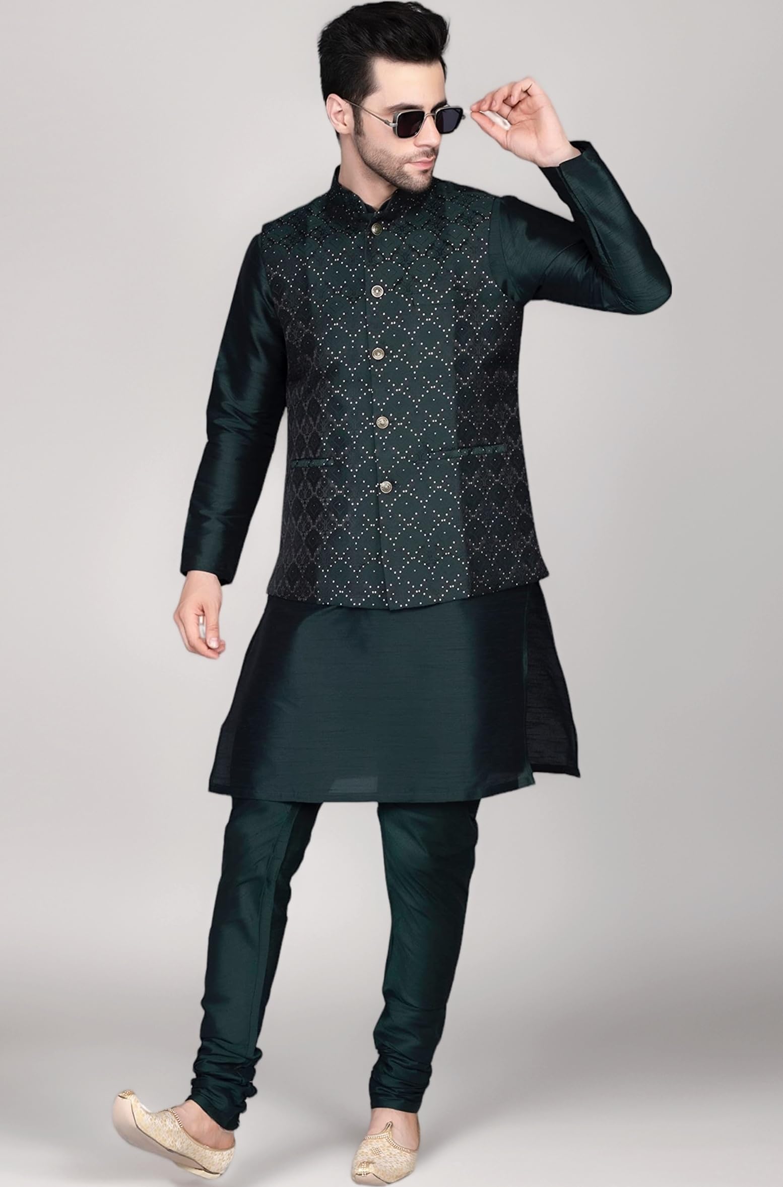 Ethluxisยฎ Men's Silk Blend Kurta Churidar Pyjama with Ethnic Bundi Jacket Set