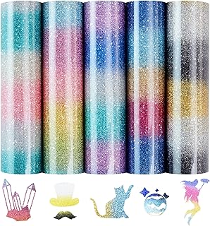 Tintnut Gradient Glitter Heat Transfer Vinyl-5 Sheet 12x10 inch Rainbow Ombre Glitter Iron on Vinyl Heat Transfer Vinyl DIY T-Shirts, Hats, Clothing