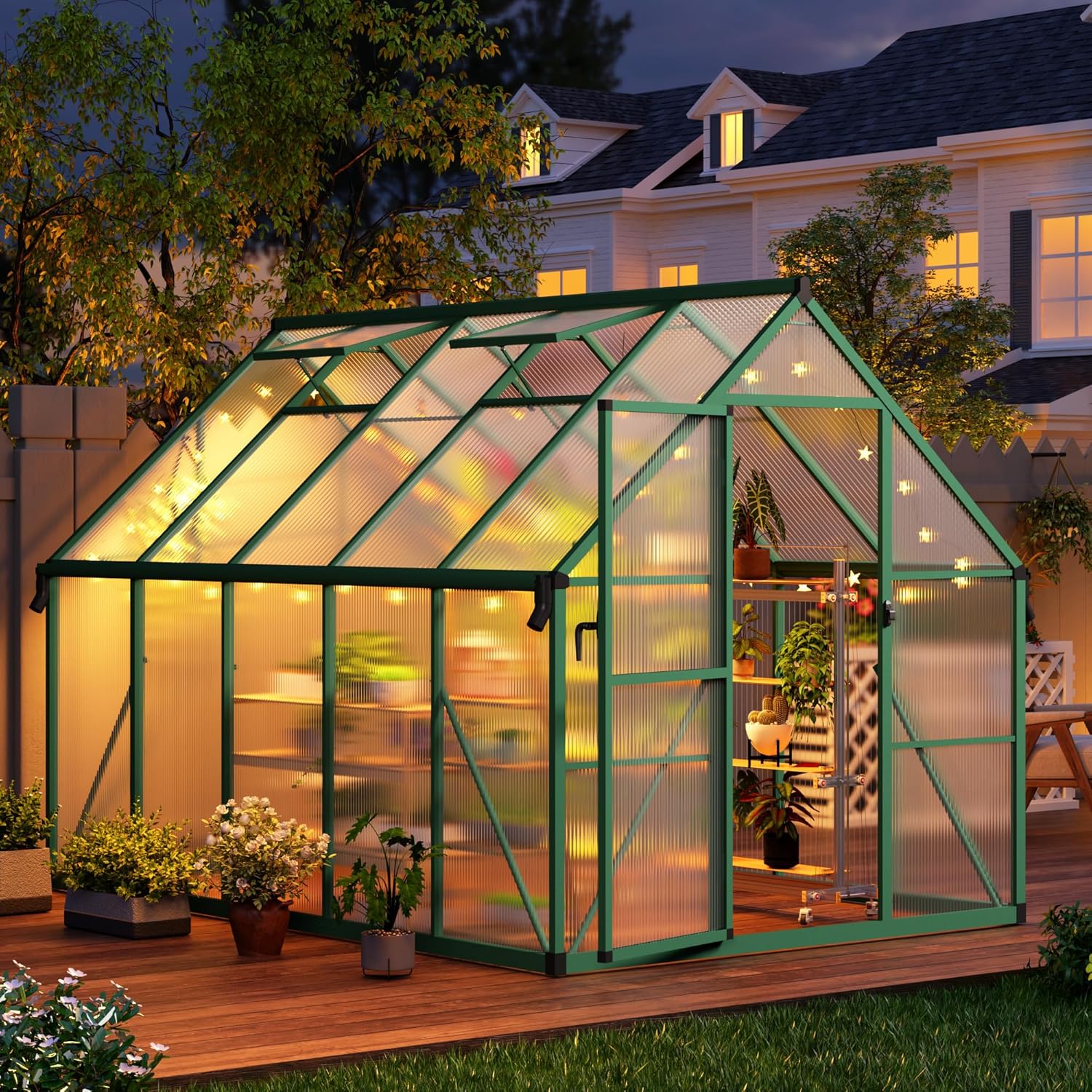 CABIHOME 8x10 FT Outdoor Greenhouse, Polycarbonate Greenhouse with Roof Vent and Ground Nails, Aluminum Large Walk-in Green House w/Lockable Push Door for Outside Garden Backyard (Green, 8x10 FT)