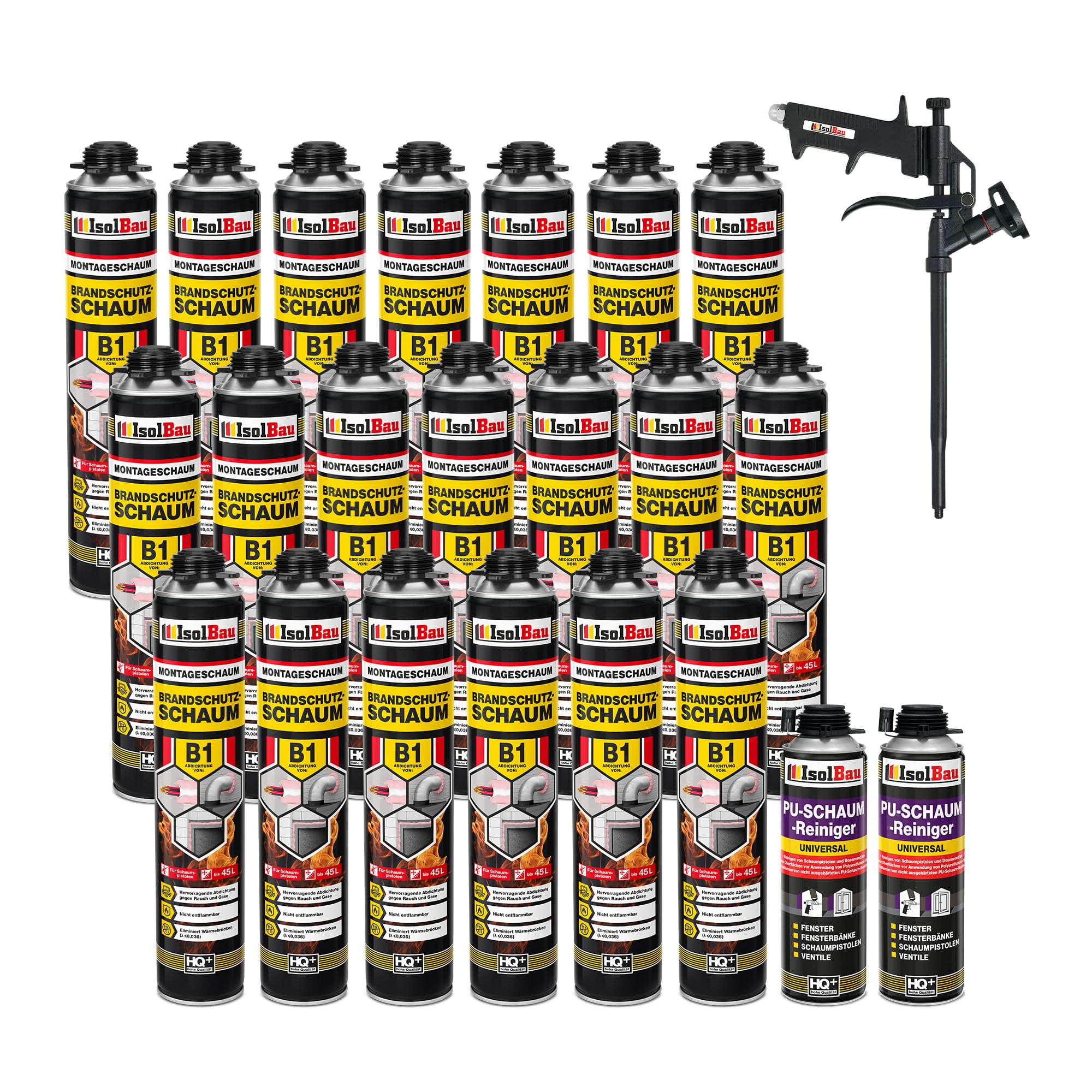 Isolbau - Bauschaum B1 - Montageschaum - PU-Schaum 20 x 750 ml - Pistolenschaum, 2 x PU-Schaum-Reiniger & 1 x Schaumpistole - 1K Brandschutzschaum - Dämmschaum - Abdichtung, Wärmedämmung