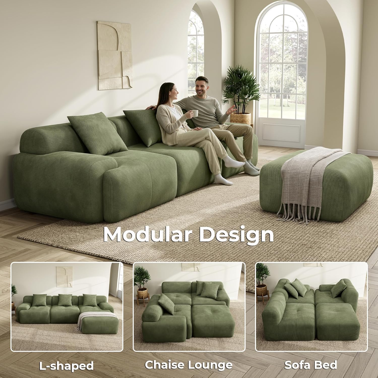 Various configurations of the LIKIMIO modular sofa: L-shaped, chaise lounge, and sofa bed