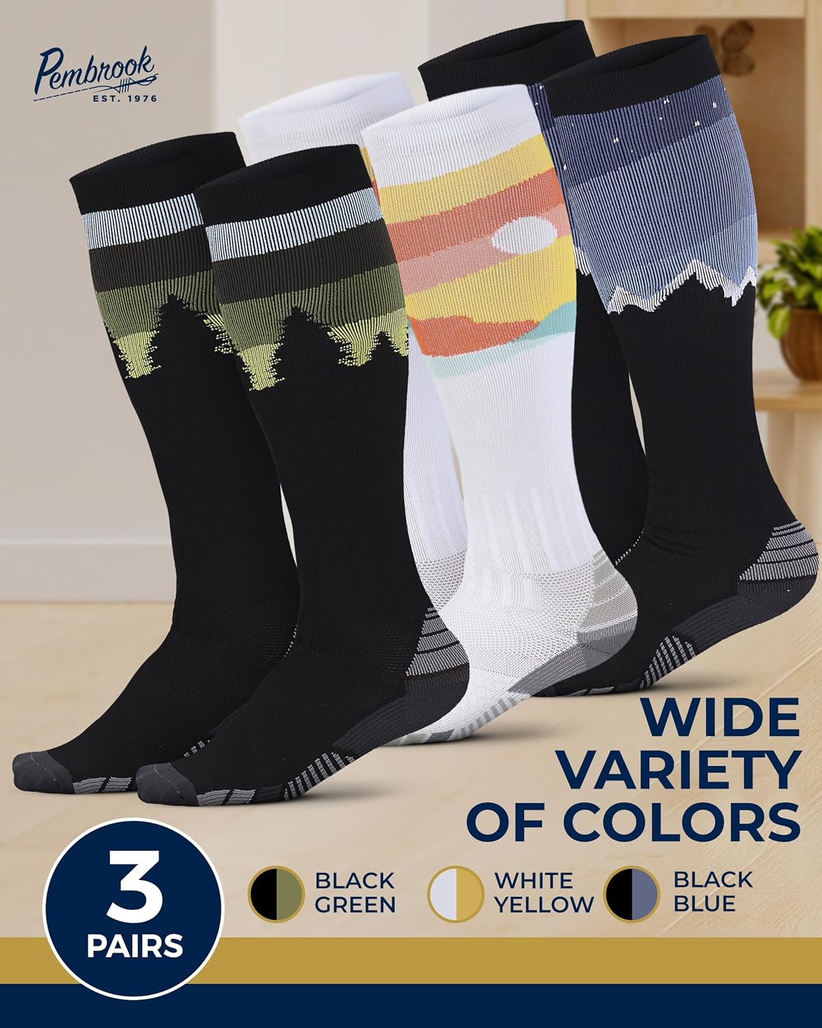Pembrook Women & Men's Wide Calf Compression Socks - 3 Pairs - Fun Compression Socks for Women Socks | Mountains, GrySun, Trees XX-Large - Image 2