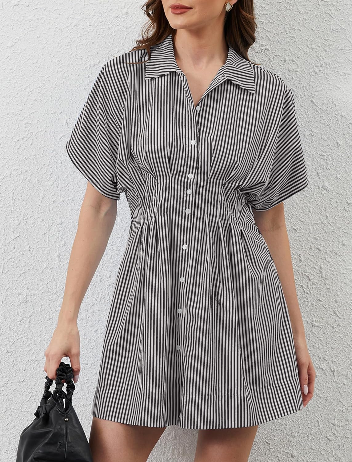Women Button Down Pleated Shirt Dress Summer Short Sleeve Blouse Striped Print Corset Mini Dresses - Image 2