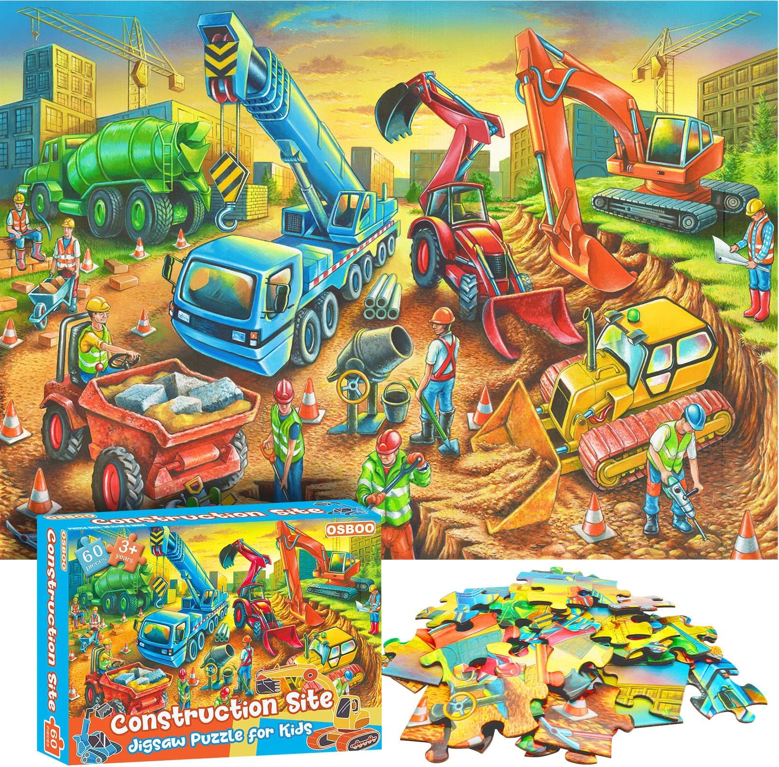 Jigsaw Puzzles for Kids Ages 3-5, 4-8, 6-8 Boys Girls - 60 Piece Construction Site - Large Piece Children Floor Jigsaw Puzzles - Science Educational Toys for 3 4 5 6 7 8 Years Old