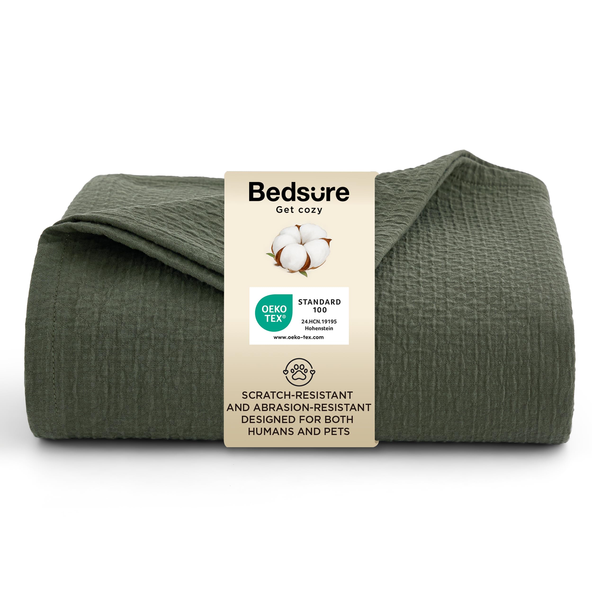 Bedsure 100% Cotton Sofa Pet Blanket - Twin/Double Size Anti Scratch Throws for Pet Sofa Bed, Double-Layer Breathable Lightweight Summer Quilted Bedspreads Coverlet Protector, Olive Green 150x200cm