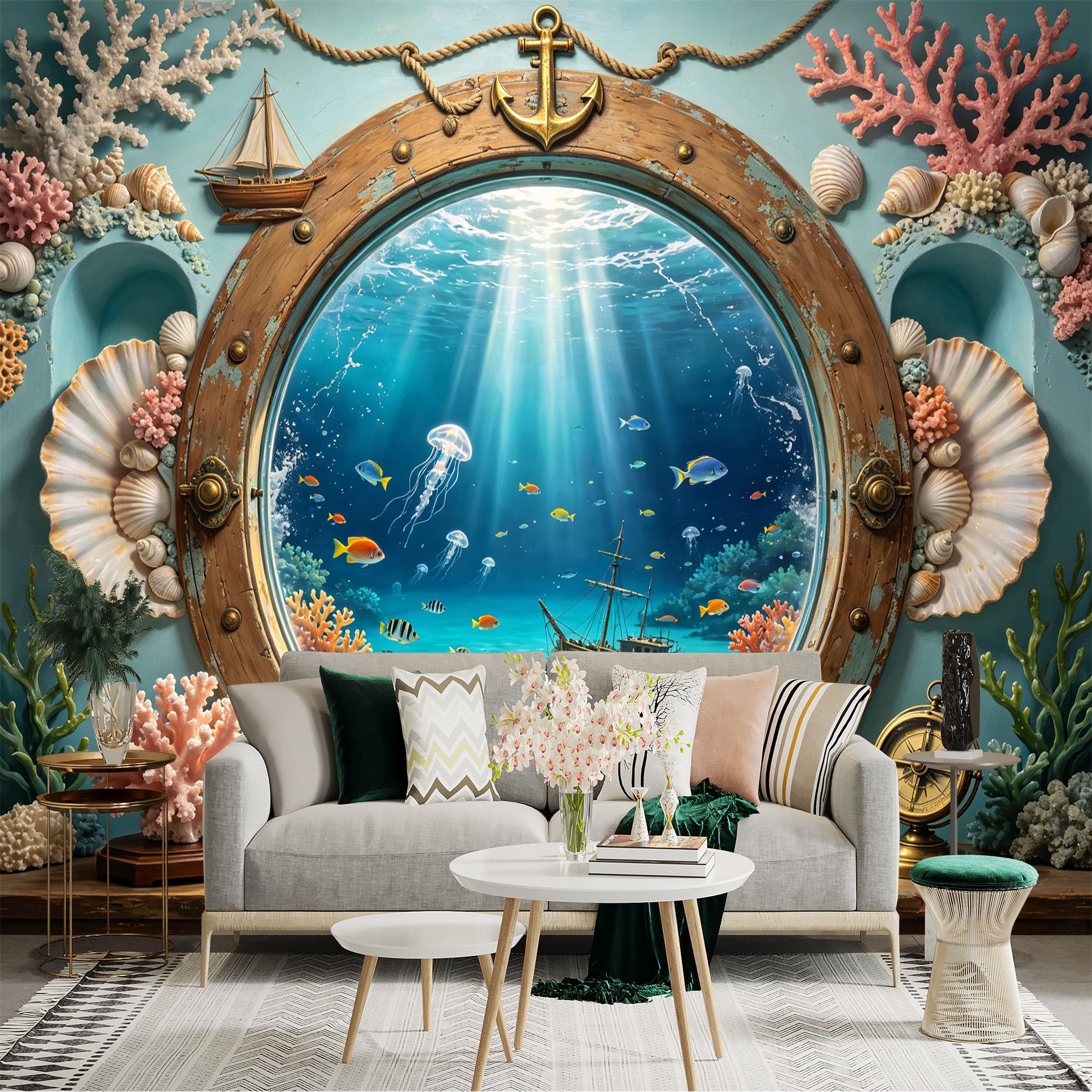 Custom Size Wall Sticker Mural， Ocean Porthole View， Coral Reef， Jellyfish and Sunken Ship， for wall Decoration， peelandstick wall Decals.