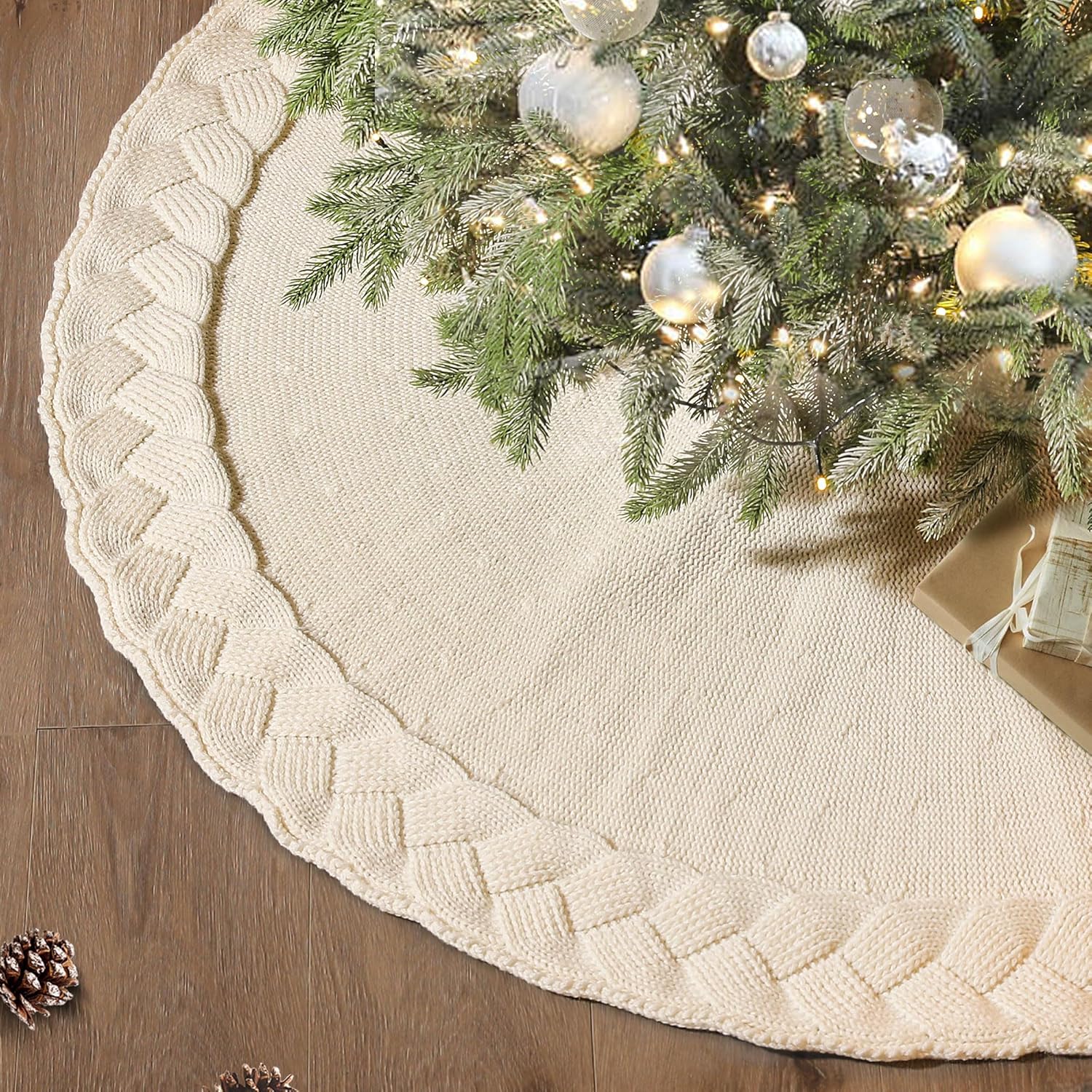 NIBESSER Knit Christmas Tree Skirt White 48" - Ivory Knitted Mat for Christmas Decorations, Yarn Thick Rustic Cable Knit Tree Skirt for Home Party Ornaments