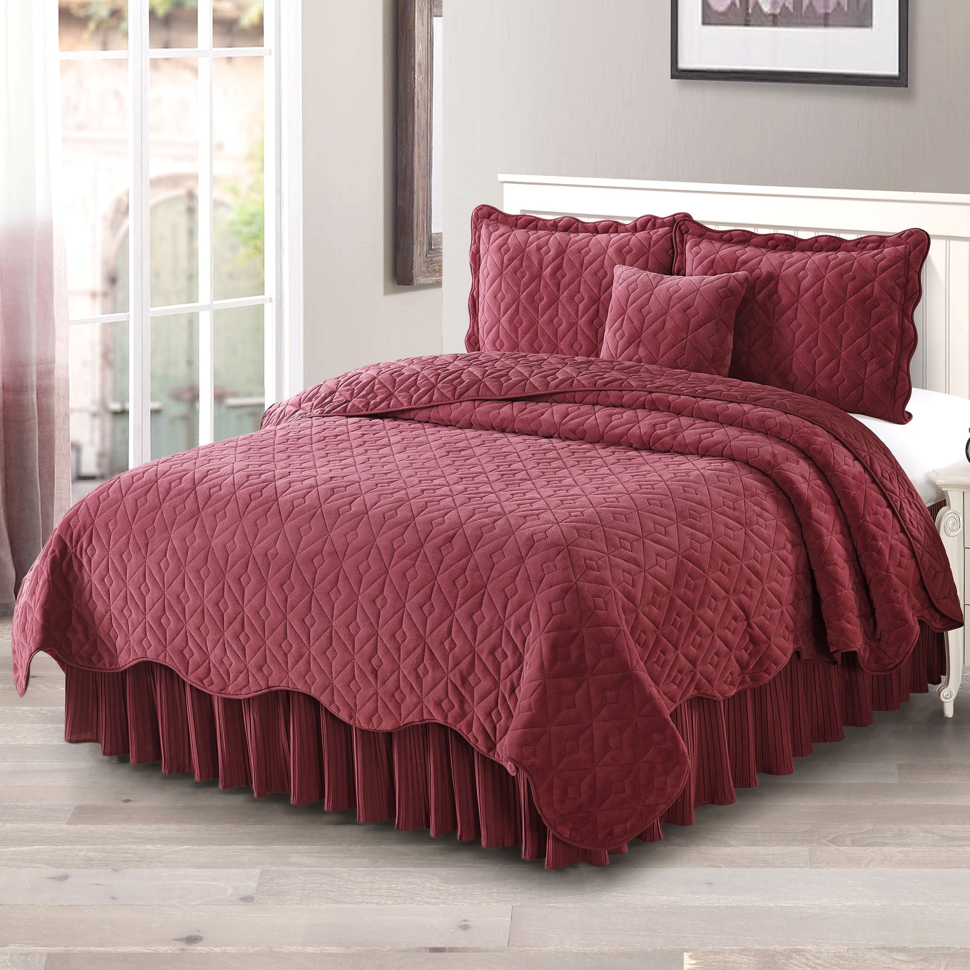 Home Soft Things Diamond Flannel Quilted 4 Piece Coverlet Set King Size 102" x 90", Brick, Soft Velvety Thick Warm Plush Fuzzy Lightweight Reversible Quilt Bedspread Bedding Set Cover for All Season