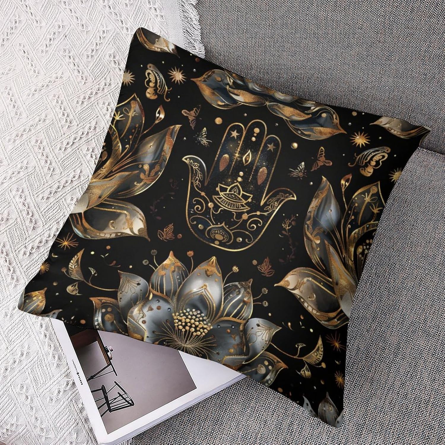 2 Packs Hamsa Hand Floral Throw Pillow Covers for Living Room, Boho Art Mandala Fantasy Pillow Covers Cushion Case for Couch Sofa Bed, 20x20 inch