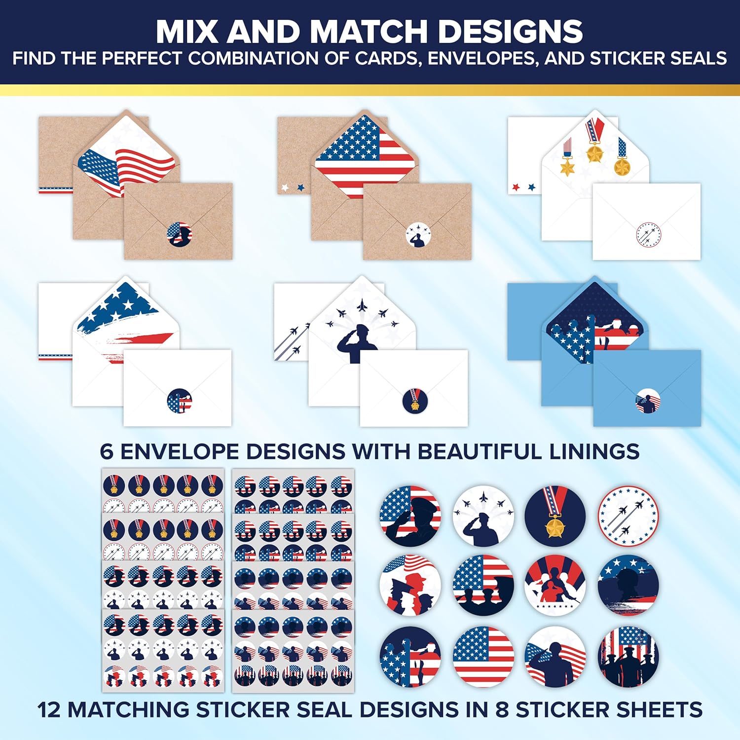 Decorably 120 Pack 6x4in Thank You for Your Service Cards for Veterans & Military with Envelopes and Stickers, 12 Patriotic Designs, Blank Inside - Appreciation, Gifting, Mailing