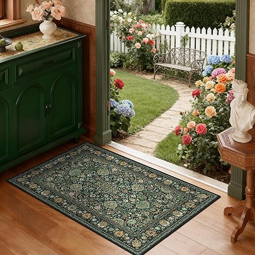 Miniatura 64 de Tapete verde para pasillo de 2 x 6 pies, tapete lavable, vintage, largo y envejecido con parte trasera antideslizante de goma, para cocina y Verde