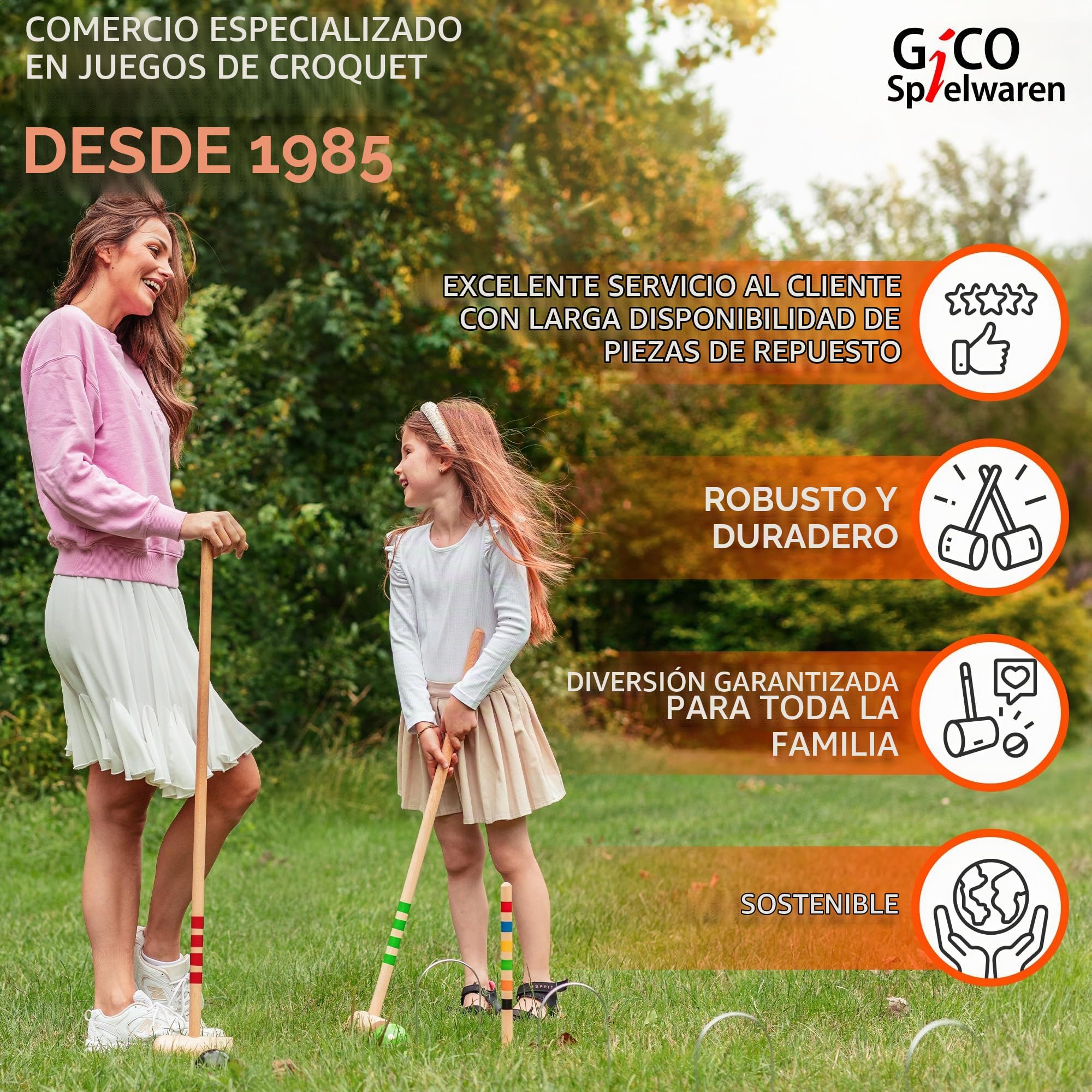 GICO Juego de Croquet Divertido Juego para el Aire Libre o el jardín para niños y Adultos, con componentes de Calidad Fabricados en Madera Maciza. 3224