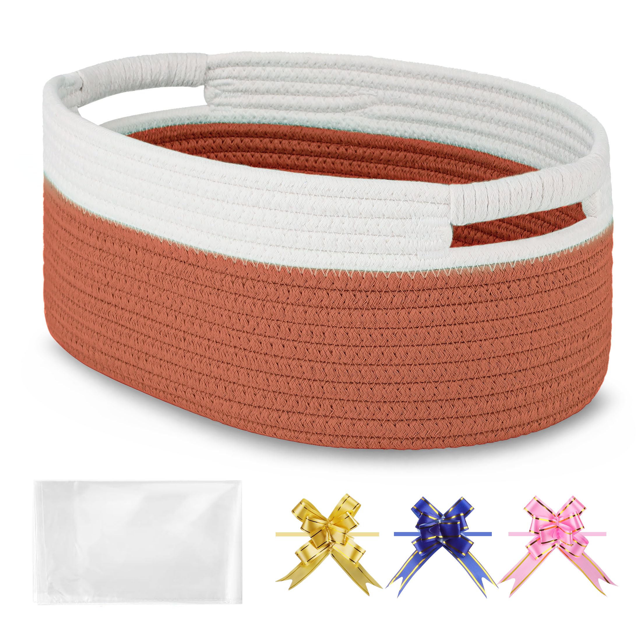 BOSROTY Small Woven Basket with Gift Bags and Ribbons, Empty Baby Gift Baskets for Kids Women Men, Shelf Storage, Small Cat Dog Pet Toy Boxes, 13”x 9”