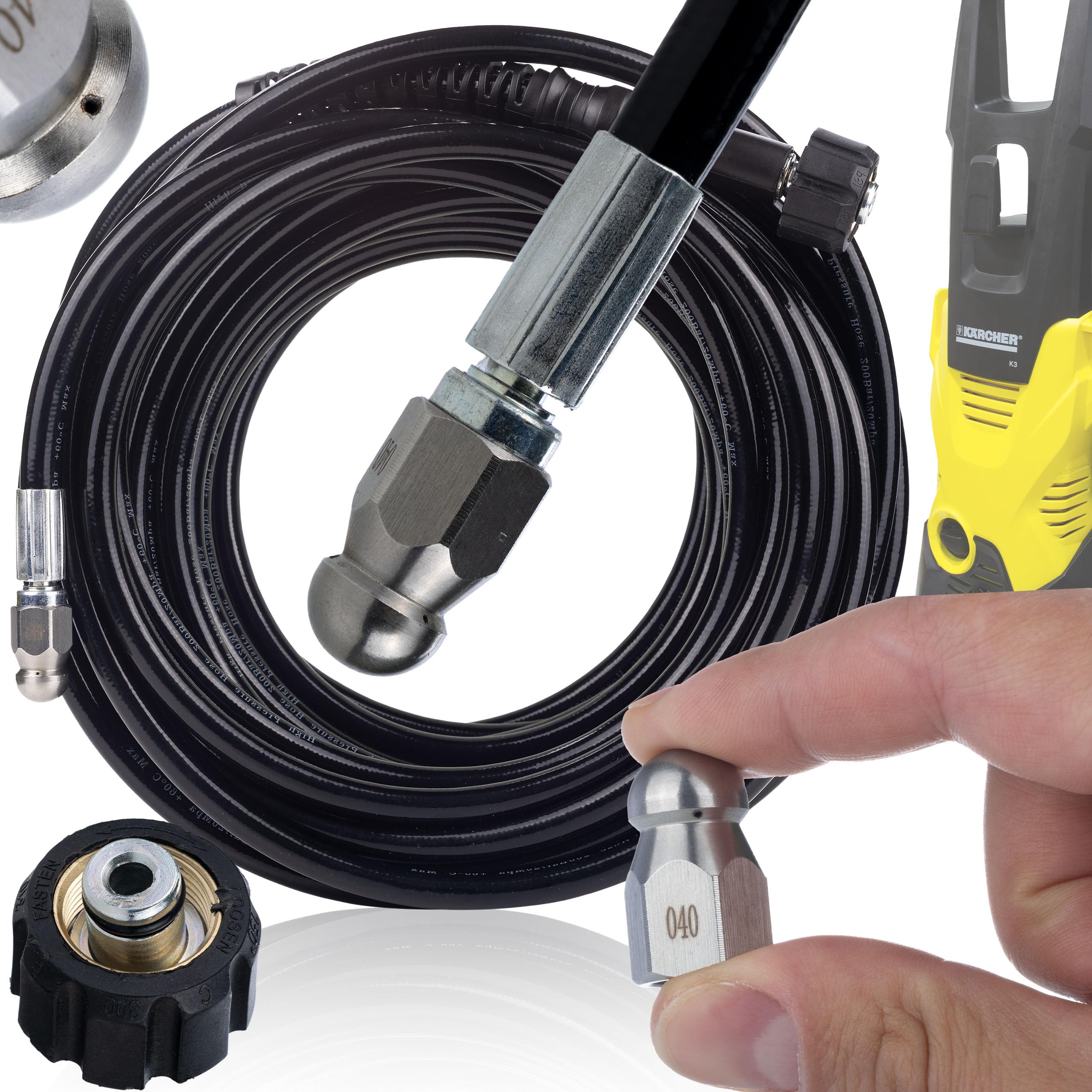 Rosfix Tubo Pulizia Fognature 30m M22 – Ugello Intercambiabile 1/4", 200 Bar, 60°C | Nylon Flessibile | ricambio per idropulitrice Kärcher K2–K7 | Accessorio Alta Pressione
