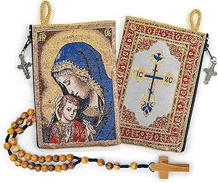 Rosary Pouch with Olive Wood Catholic Rope Rosary from Israel, Jesus King of the Universe & I Believe in God Prayer Woven Fabric Tapestry Style Icon Travel Bag, Religious Catholic Gift Set