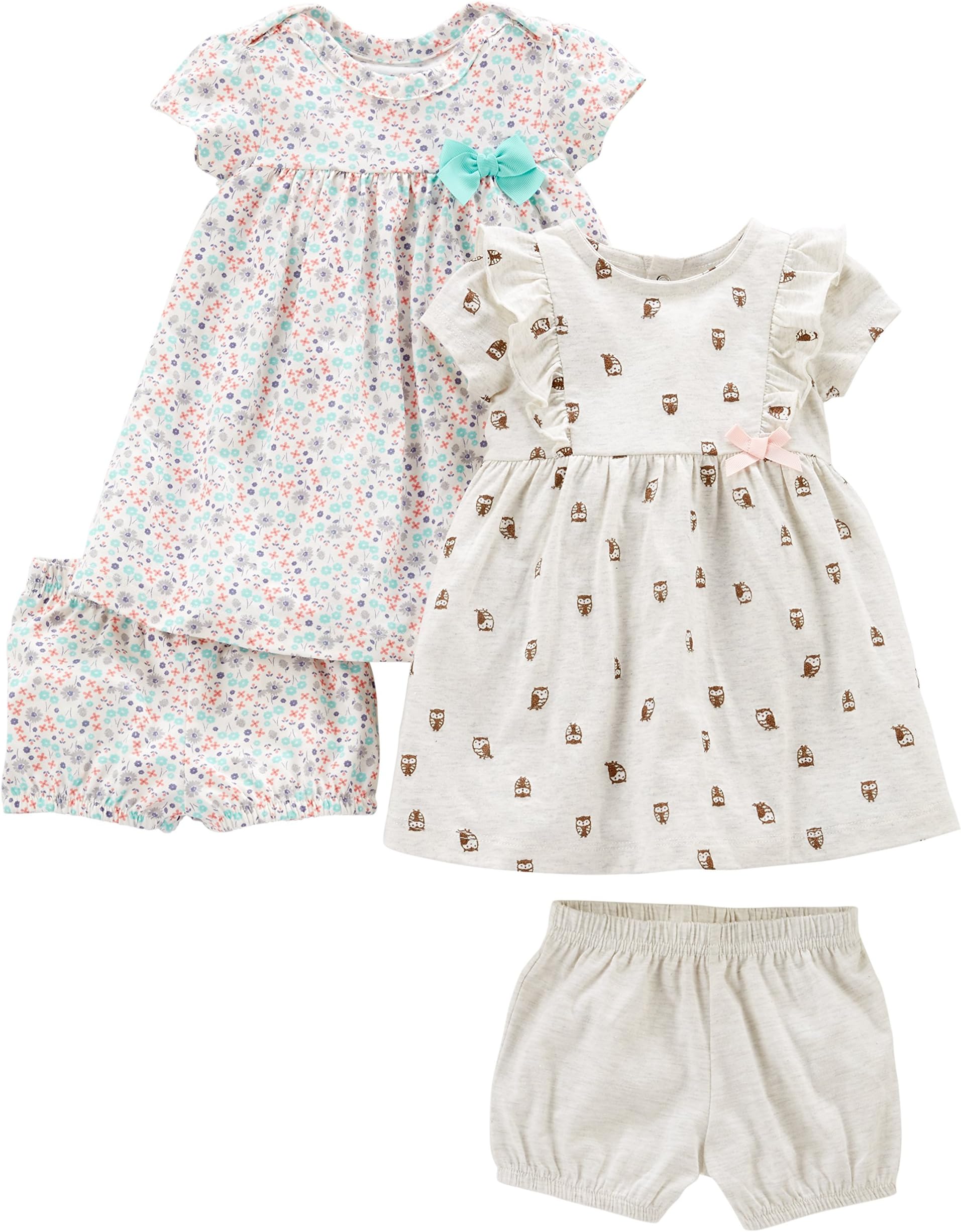 Simple Joysby Carter's Baby Girls' Short-Sleeve and Sleeveless Dress Sets, Pack of 2, Grey, Floral/Bird, 6-9 Months