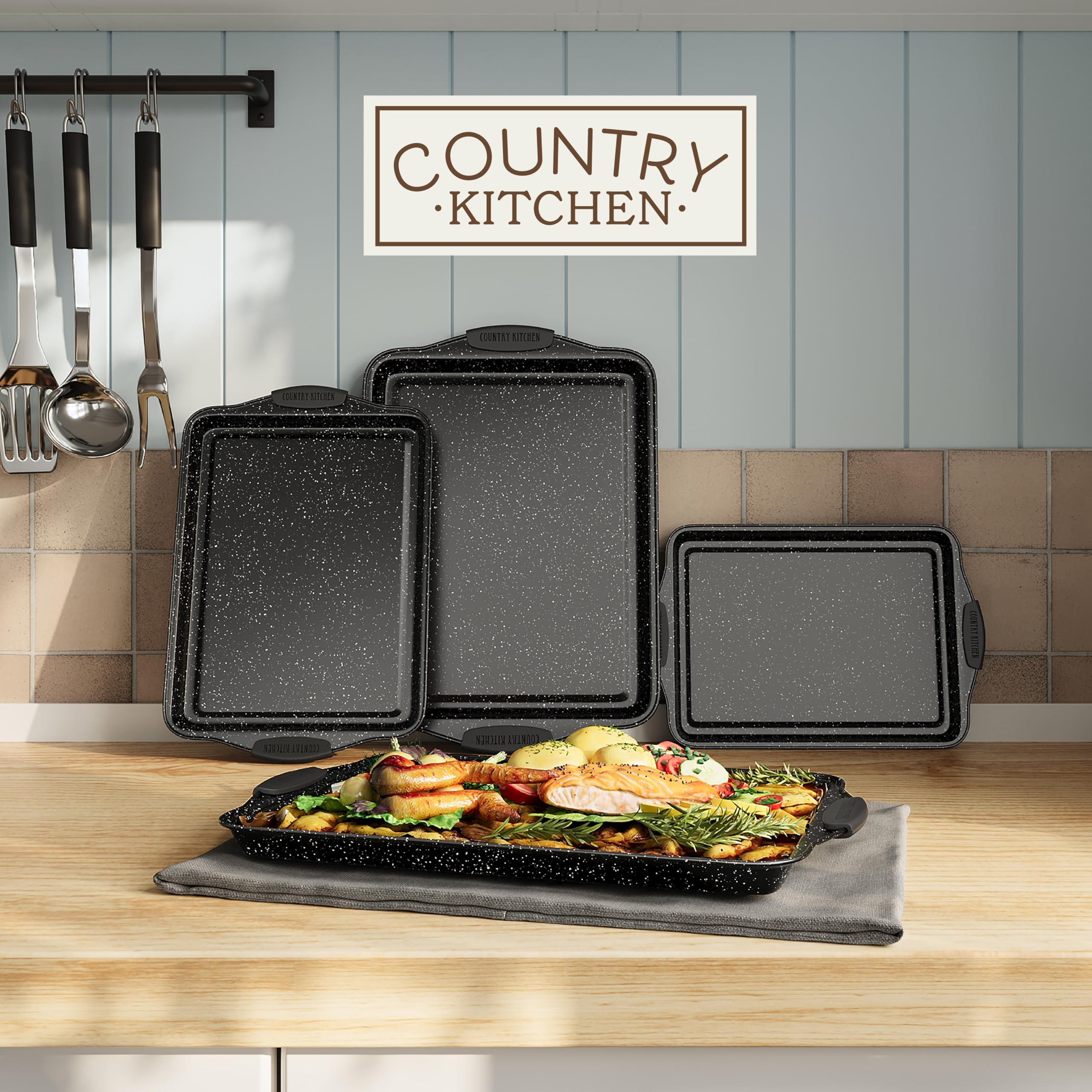 Country Kitchen Juego de 4 bandejas antiadherentes apilables para hornear, sin PFOA, PFOS, PTFE con revestimiento antiadherente, aptas para horno a 232.2 °C, bandeja para galletas (negro)