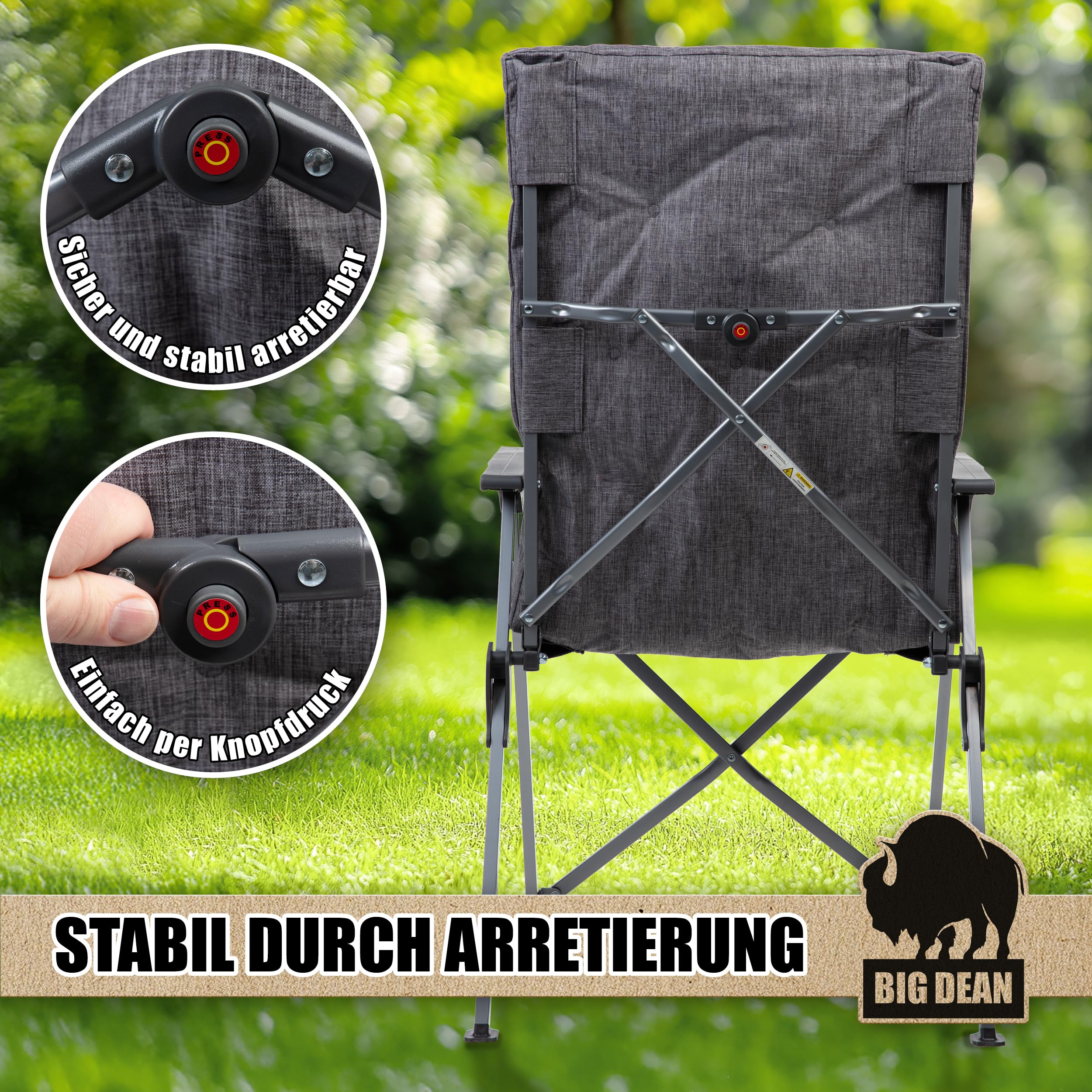 BigDean Bequemer Campingstuhl faltbar Rückenlehne verstellbar