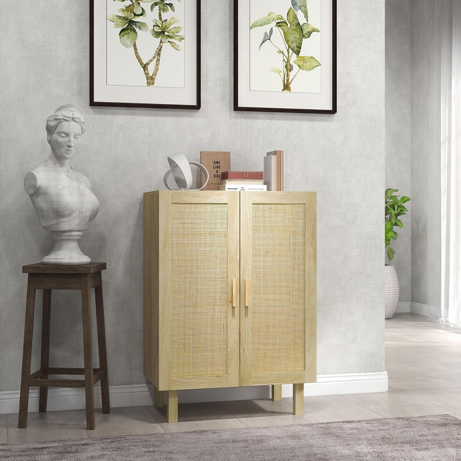 Natural Rattan Door Freestanding Home Bar Cabinet with Adjustable Shelves